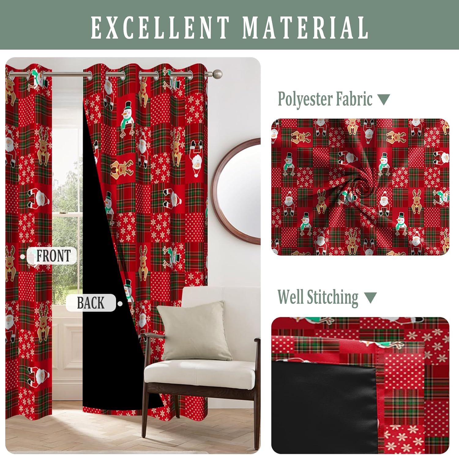Renaiss Christmas Blackout Curtains for Bedroom Cartoon Santa Claus Snowman Plaid Window Curtain Festival Holiday Window Drapes for Living Room Decor Darkening Curtains 2 Panels Set, 26x45 Inch