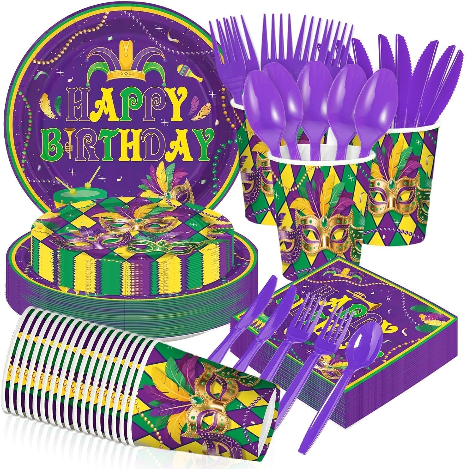 168 Pcs Mardi Gras Birthday Party Decorations Carnival Masquerade Plates Napkins Cups Forks Knives Dancing Mask Tableware Set for Birthday Mardi Gras New Orleans Party Supplies Serves 24