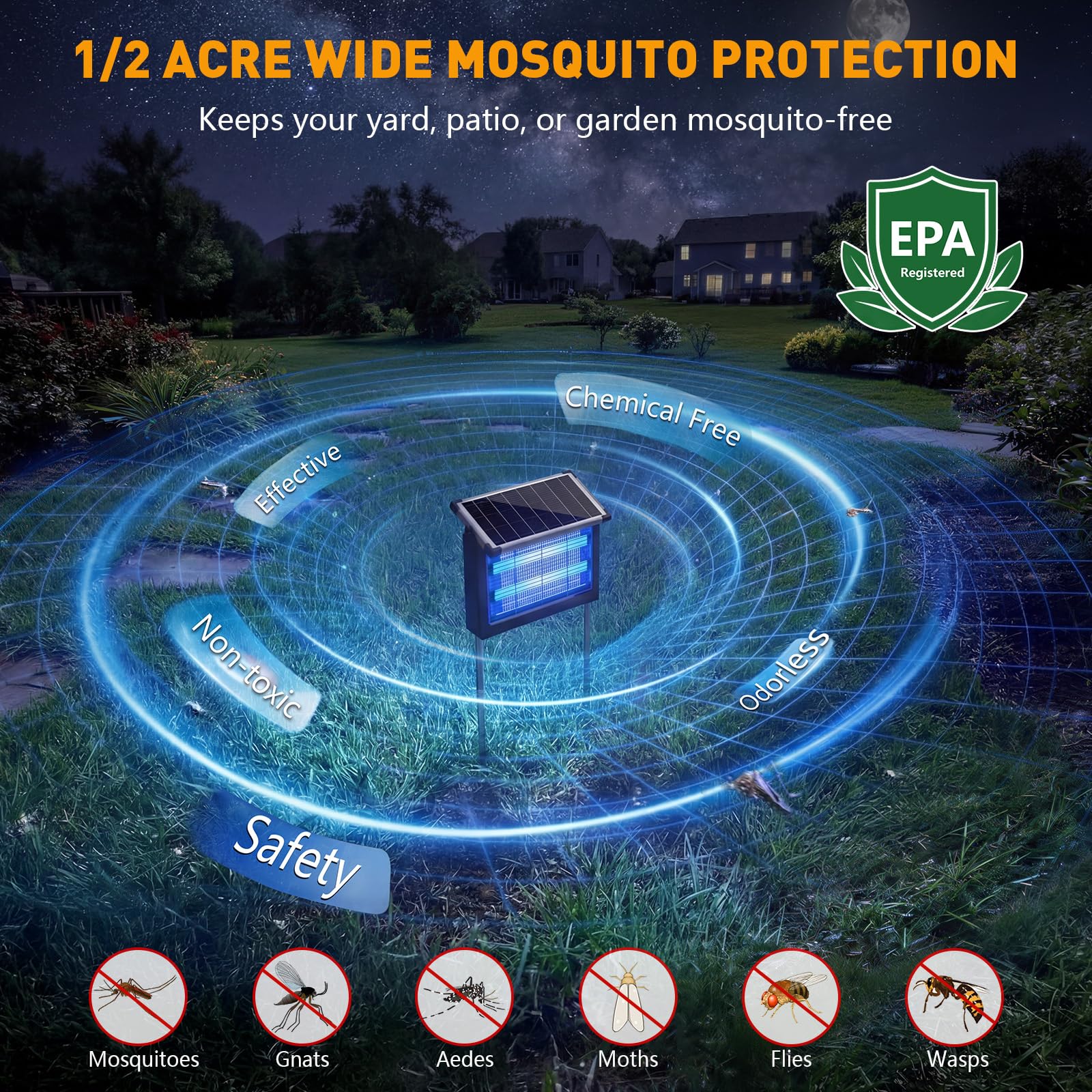 Eliminador solar de insectos para exteriores, 4500 V, solar, para exteriores e interiores, cobertura de 1/2 acre, inalámbrico recargable, eléctrico, trampas para mosquitos IPX5 impermeables para patio