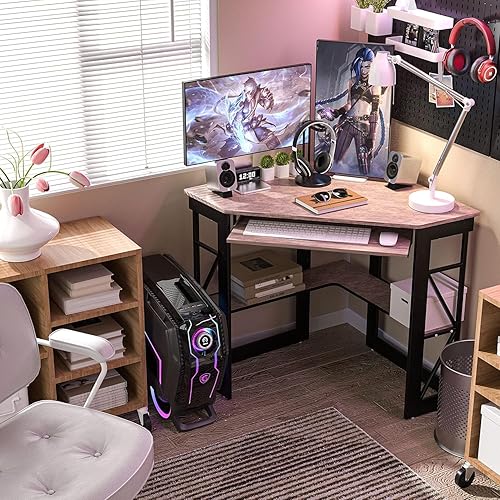 Miniatura 7 de VECELO Escritorio de Esquina Escritorio de Computadora Mesa de Escritura con Bandeja Lisa para Teclado y Estantes de Almacenamiento para Espacios