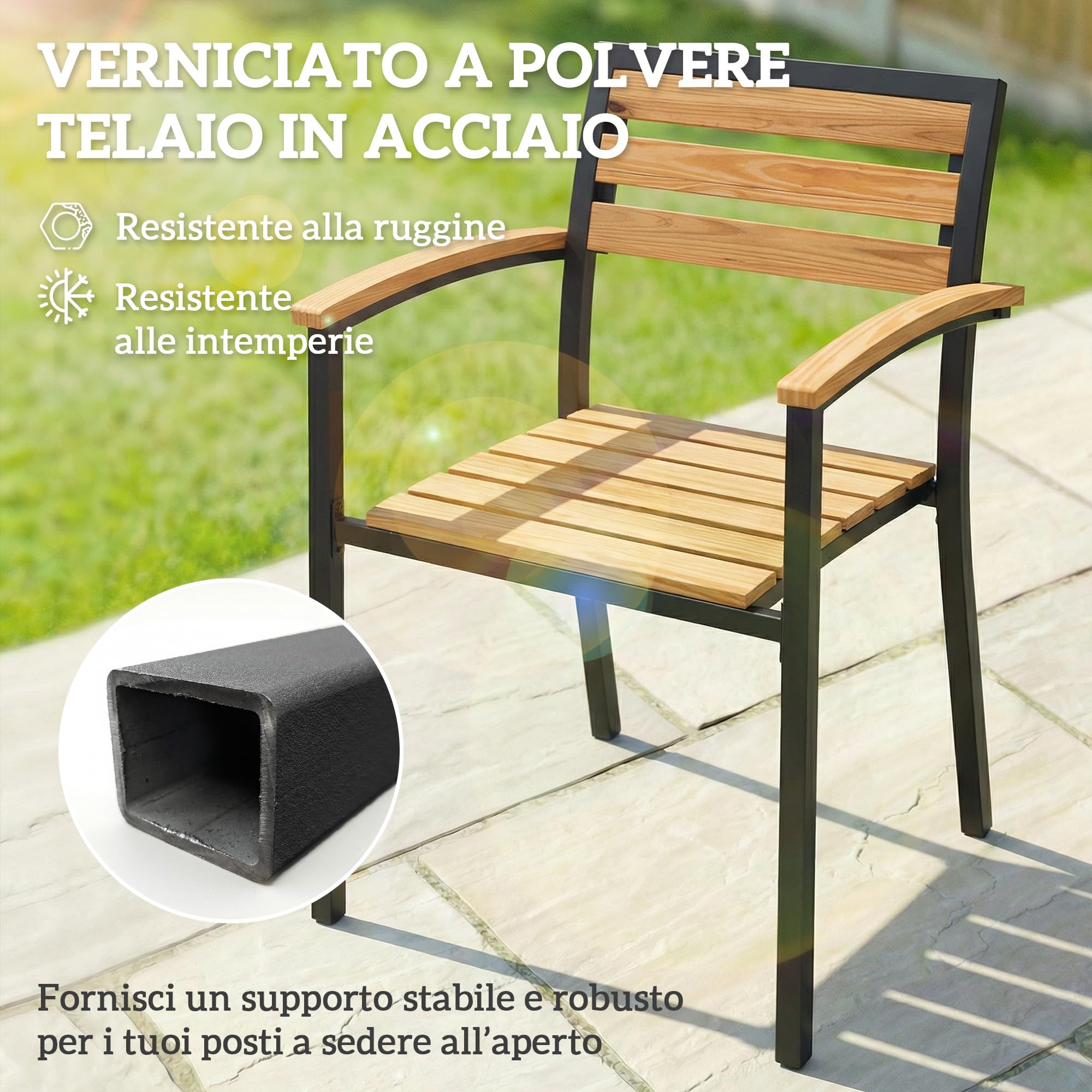 Outsunny Set 2 Sedie da Giardino Impilabili in Legno di Larice, Sedie per Pranzo da Esterno in Acciaio con Braccioli, Schienale a Doghe, per Patio Balcone Terrazza Esterno, 56x59x84 cm, Color Legno