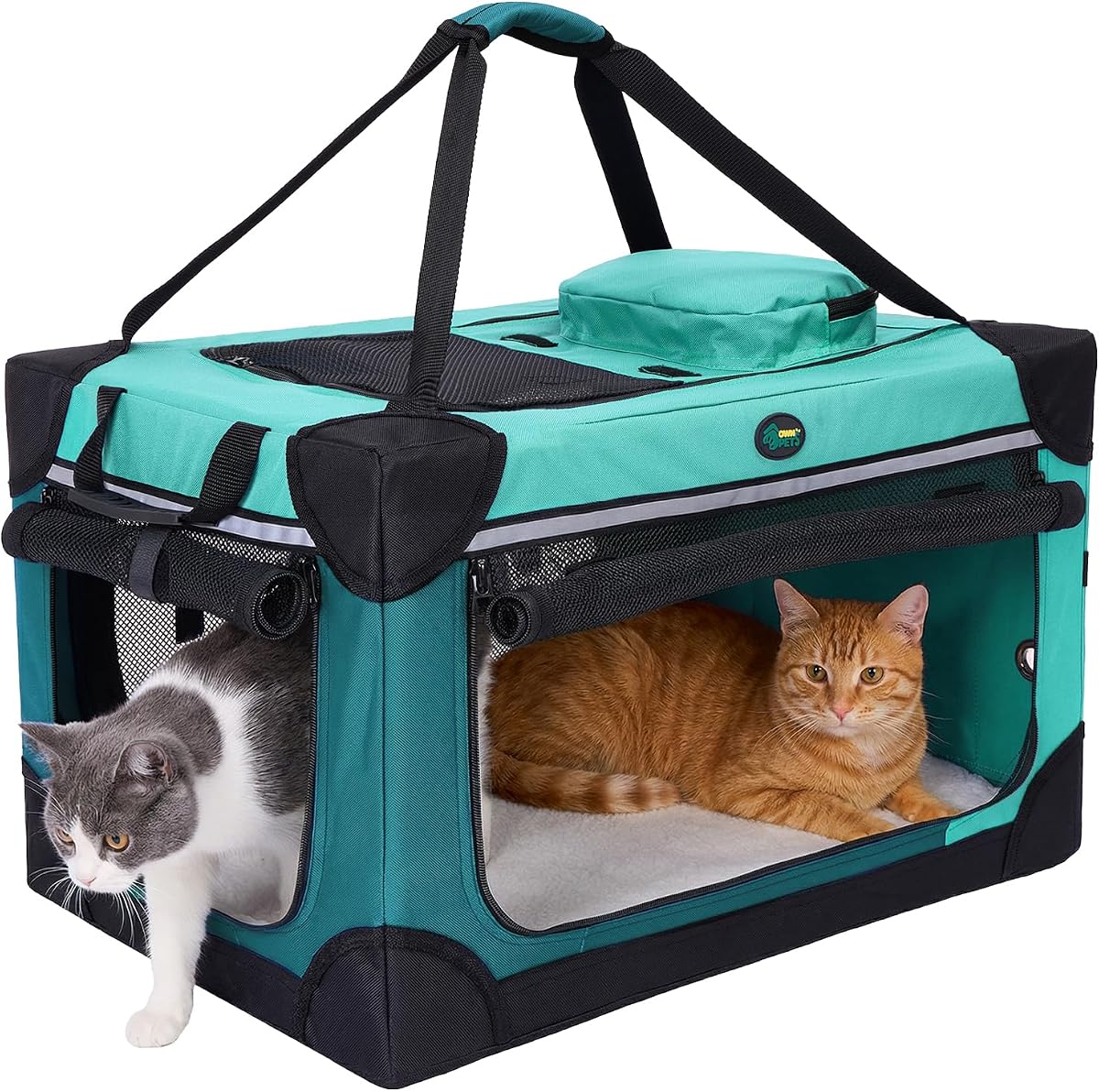 Ownpets Extra Large Cat Carrier for 2 Cats Small Dogs, 24 Inches Collapsible Soft Dog Crate for Car Travel, Portable Pet Carrier with Soft Mat | Foldable, Portable, 4-Doors, 4-Side Mesh Windows, Steel Frame Oxford Cloth, Soft Cushion Mat, Leash, Easy Setup