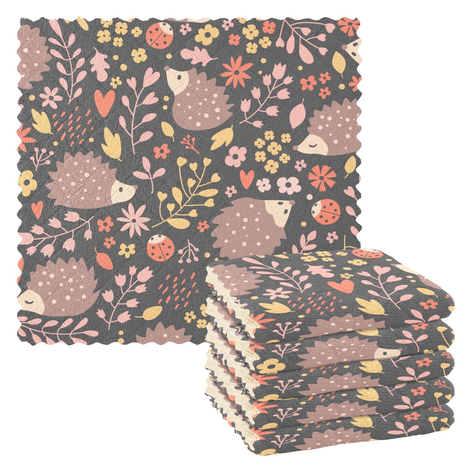 FRODOTGV Hedgehog Flowers Animal Mid Century Modern Kitchen Hand Towels Country Sink Tea Towels Absorbent Terry Cloth Kitchen Hand Towels Farmhouse Kitchen Hand Towels 11x11in