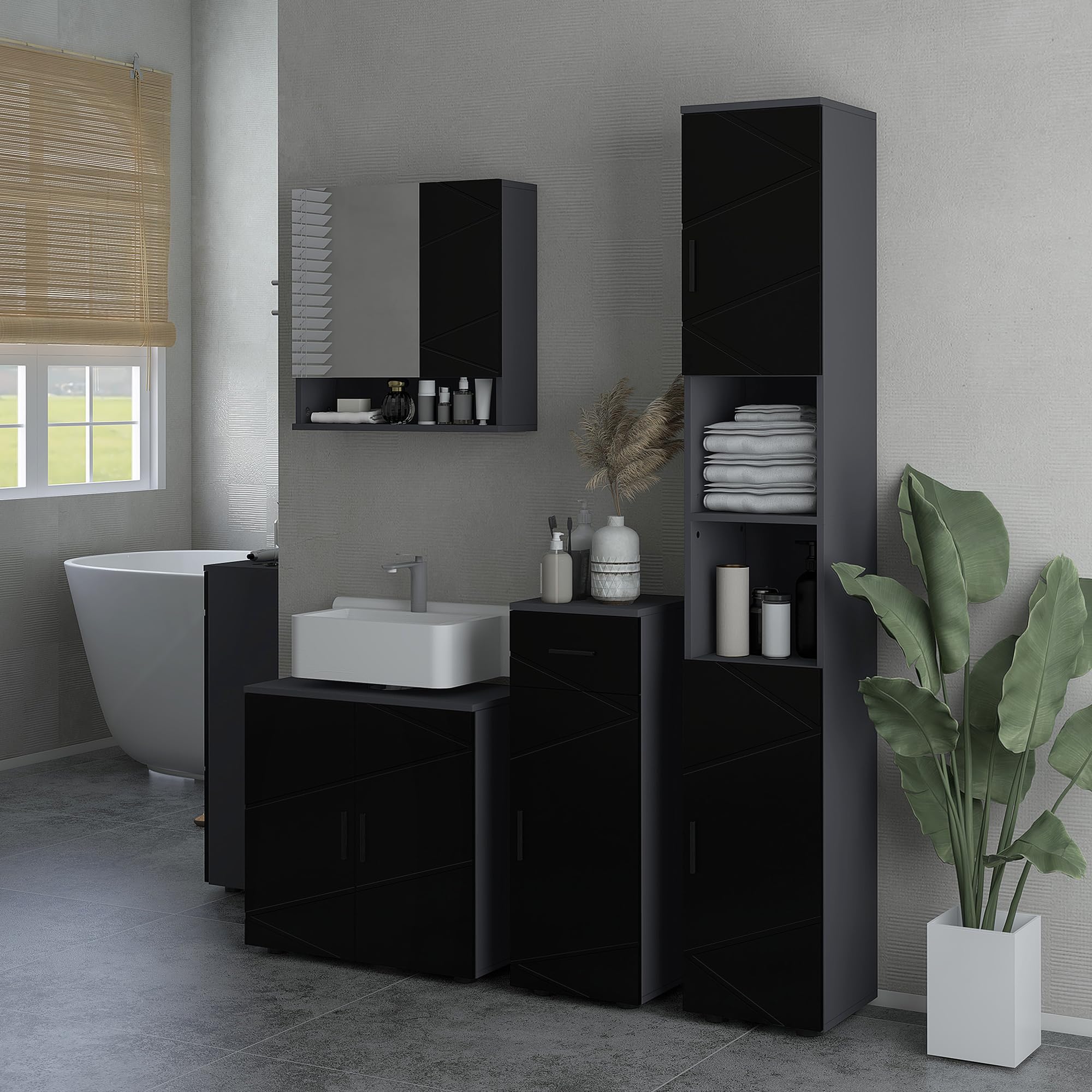 kleankin Mobile Sottolavabo con Armadietto 2 Ante, Mobiletto Bagno Sottolavandino in Legno con Mensola Regolabile, per Lavabi con o Senza Colonna, 60x30x60cm, Nero e Grigio Scuro