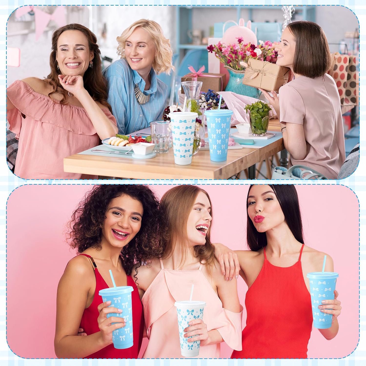 LemonRoad 20 Pcs 24 oz Plastic Cups with Lids and Straws Reusable Coquette Bow Tumblers Aesthetic Drinking Coffee Cups for Wedding Bridal Shower Christmas Holiday Party Supplies (Blue,White) - Image 5
