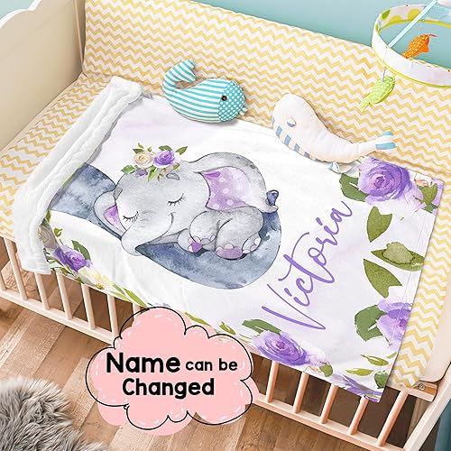 Miniatura 3 de J&SBGFT Manta personalizada para bebé niña, manta de bebé personalizada, manta de envoltura con nombre de niña, mantas de recepción de elefante,