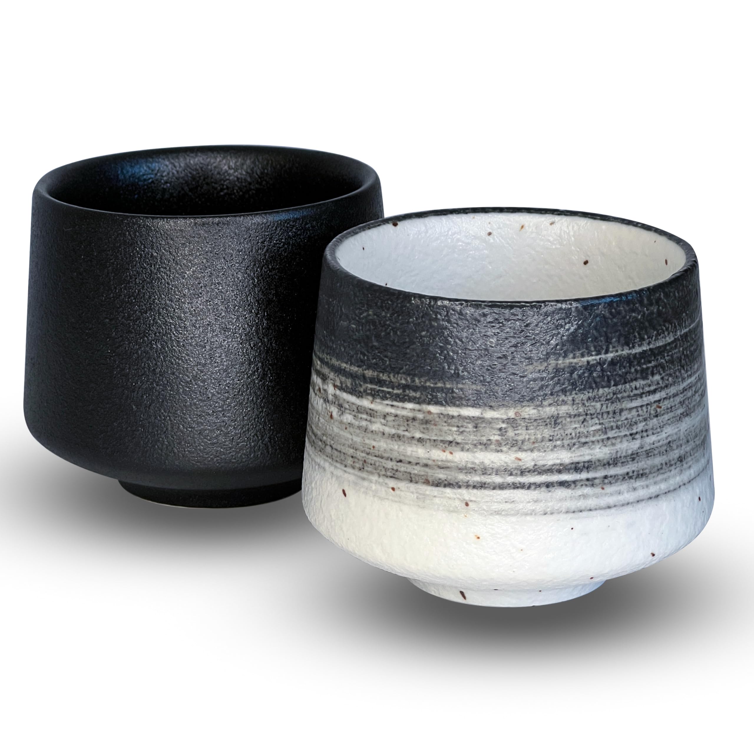 shizuro Juego de tazas japonesas, 2 unidades de 190 ml, taza de cerámica de alta calidad para café, capuchino y té, taza de té asiática vintage sostenible, diseño retro moderno (blanco y negro)