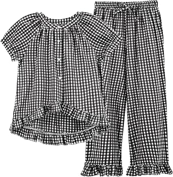 Tanming 2 Piece Sets for Women Gingham Button Down Short Sleeve Tops Ruffle Plaid Pants Pajamas Lounge Set