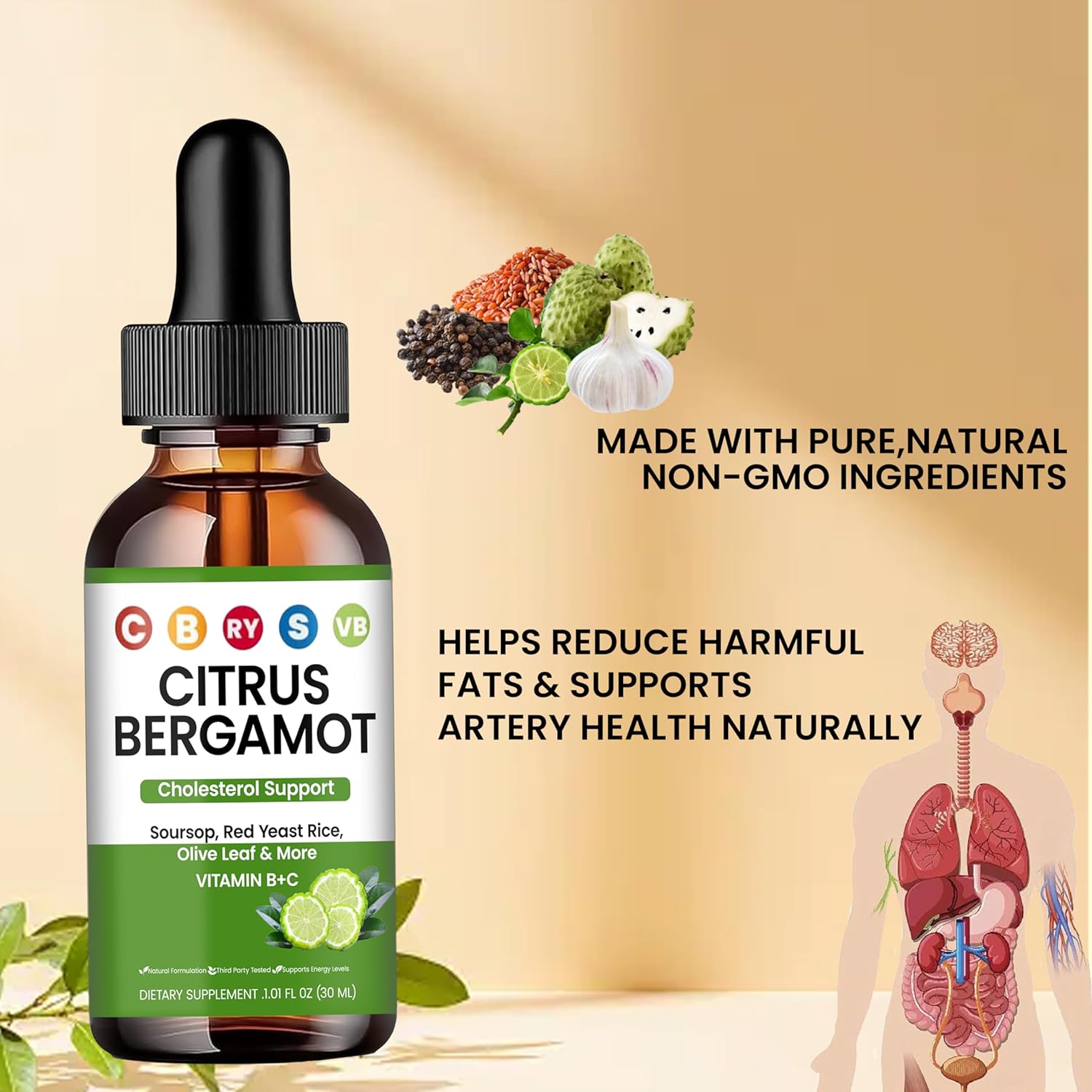Red Yeast Rice Cholesterol Cleanse | Cholesterol Support Blend with Citrus Bergamot | Red Yeast Rice, Soursop, Olive Leaf, Vitamin B+C 60ml - 2 oz (1pcs)