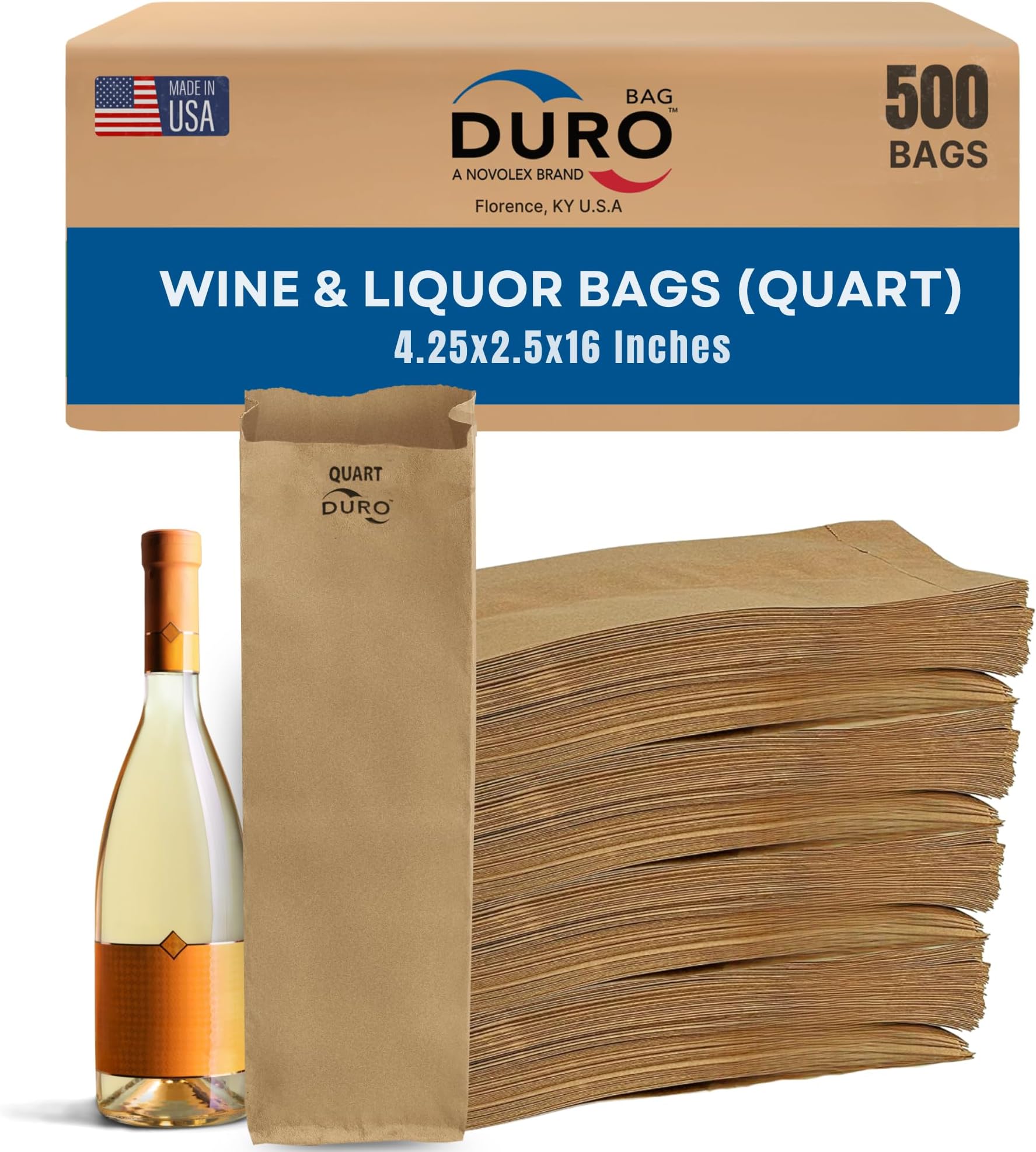 Duro Kraft Paper Wine & Liquor Bags for Quart-Sized Bottles, 4.25x2.5x16 Inches, Ideal Paper Gift Bags for Blind Wine Tastings, Retail & Liquor Stores - 500 Count
