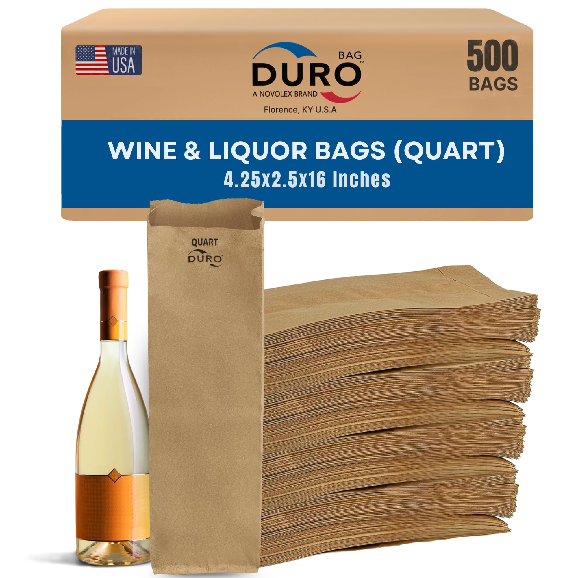 Duro Kraft Paper Wine & Liquor Bags for Quart-Sized Bottles, 4.25x2.5x16 Inches, Ideal Paper Gift Bags for Blind Wine Tastings, Retail & Liquor Stores