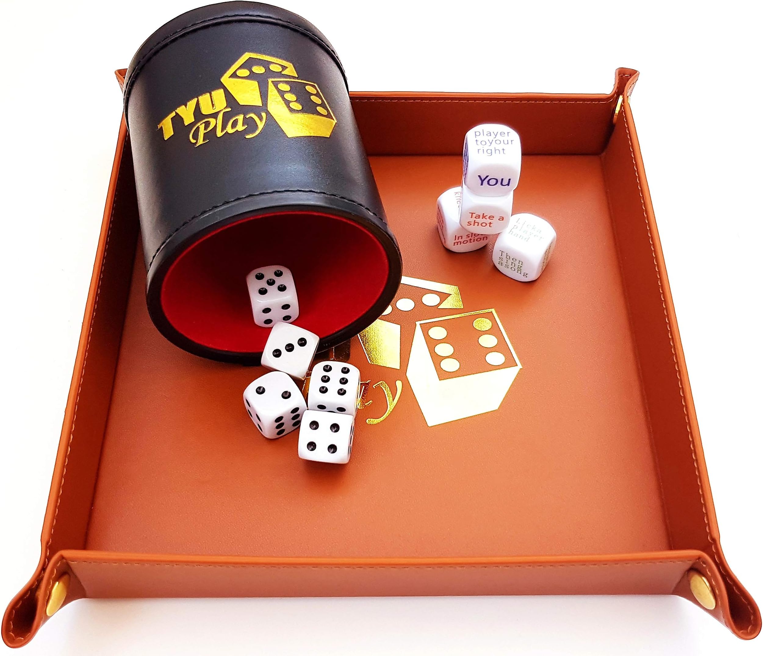 Premium Dice Cup Tray Set - 5 Dice - Leather Folding Tray Holder - 4 Drinking Dice - Valet Tray - Bonus a Nice Soft Velvet Bag - Tyu Play