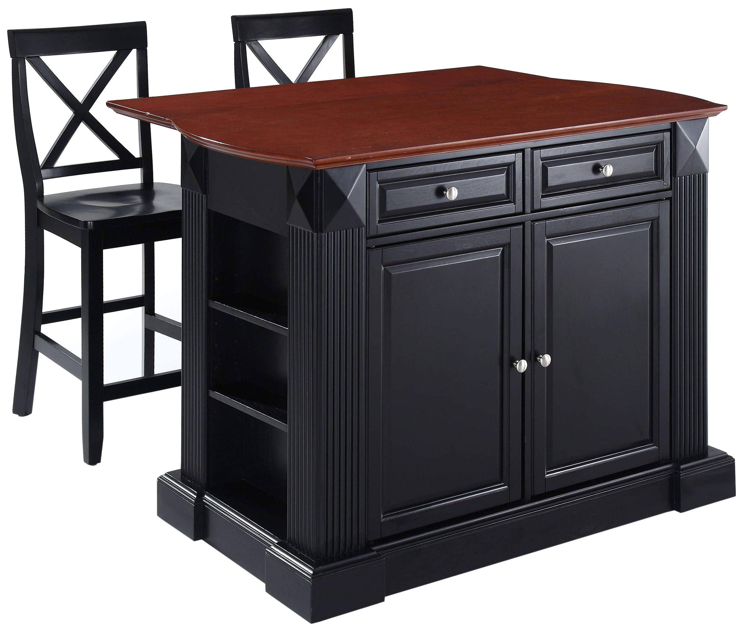 Crosley Furniture Drop Leaf Kitchen Island/Breakfast Bar with 24-inch X-Back Stools, Black