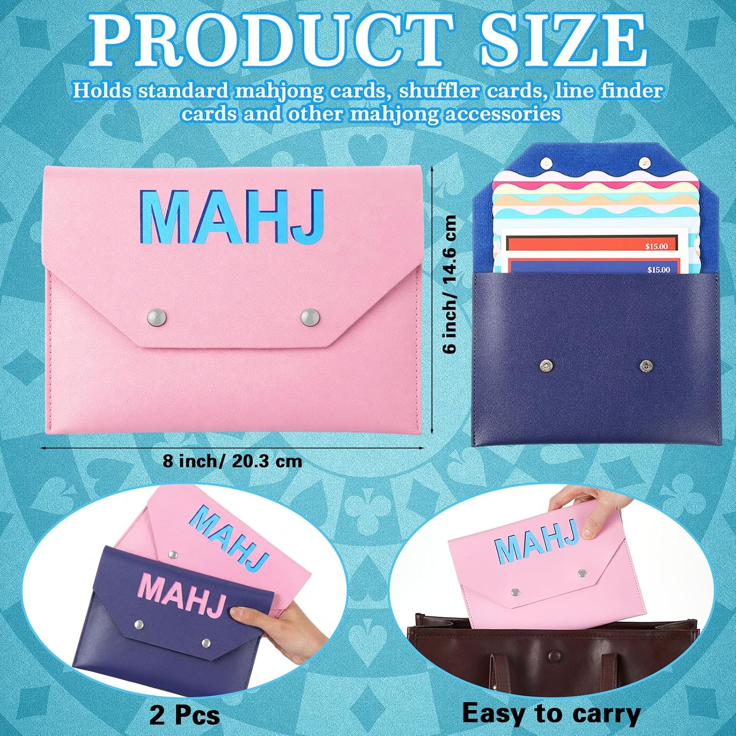 Leather Mahjong Card Holder Clutch Card Pouch Mahjong Accessory 8x6inch Protective Cover Case with Secure Closure Ideal Gift for Lover Playing Game Night(2 Pcs,Light Pink,Navy Blue)