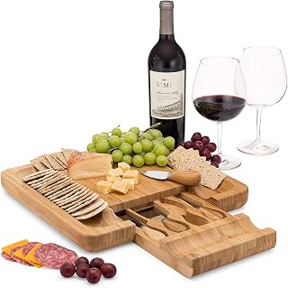 DYNAMICGEAR Bamboo Charcuterie Board Gift Set with Cutlery Drawer, Knife Set & Grooved Tray - Ideal Housewarming, Wedding Gift for Couples