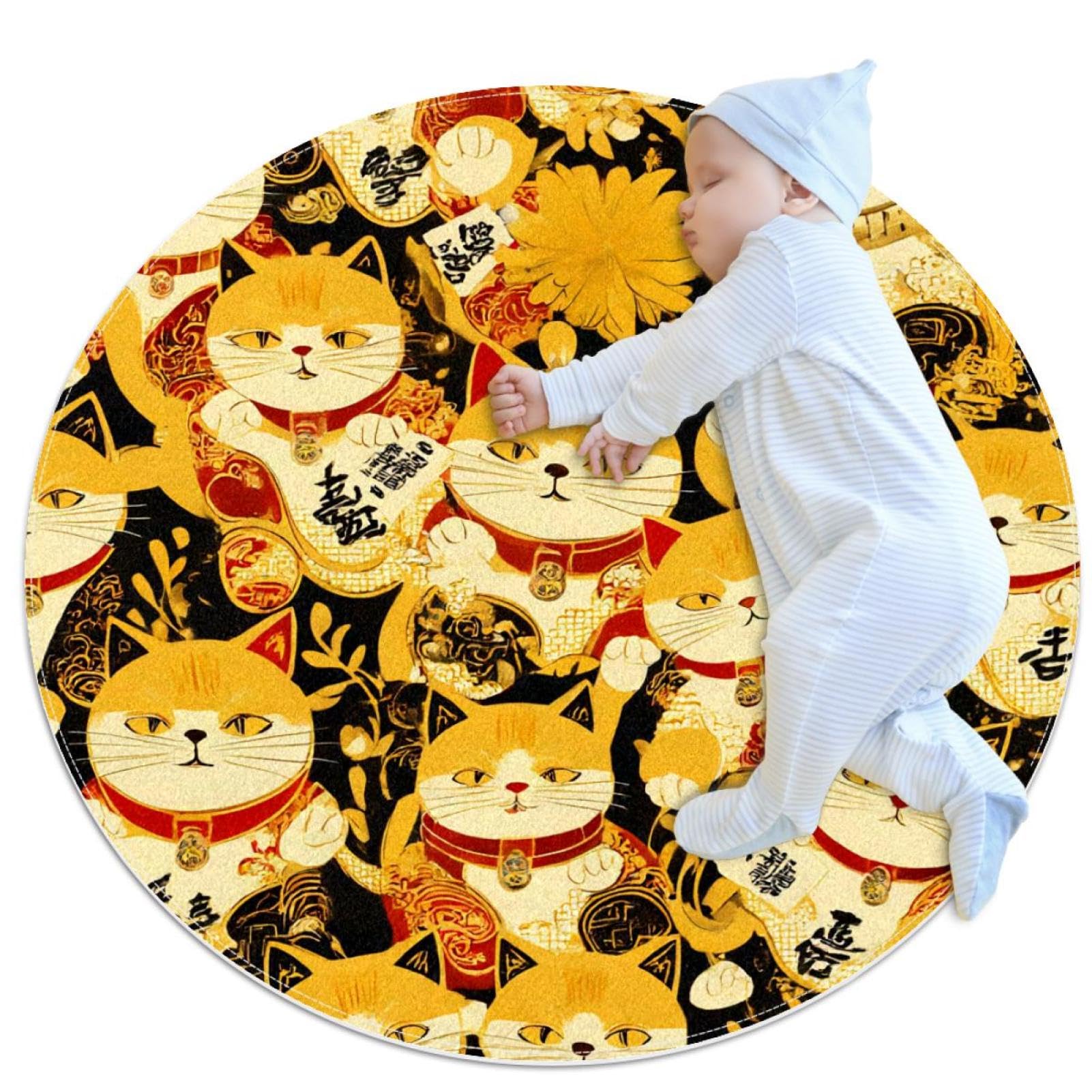 Tapis antidérapant chat doré rond 1 m pour sécuriser la chambre d'enfant