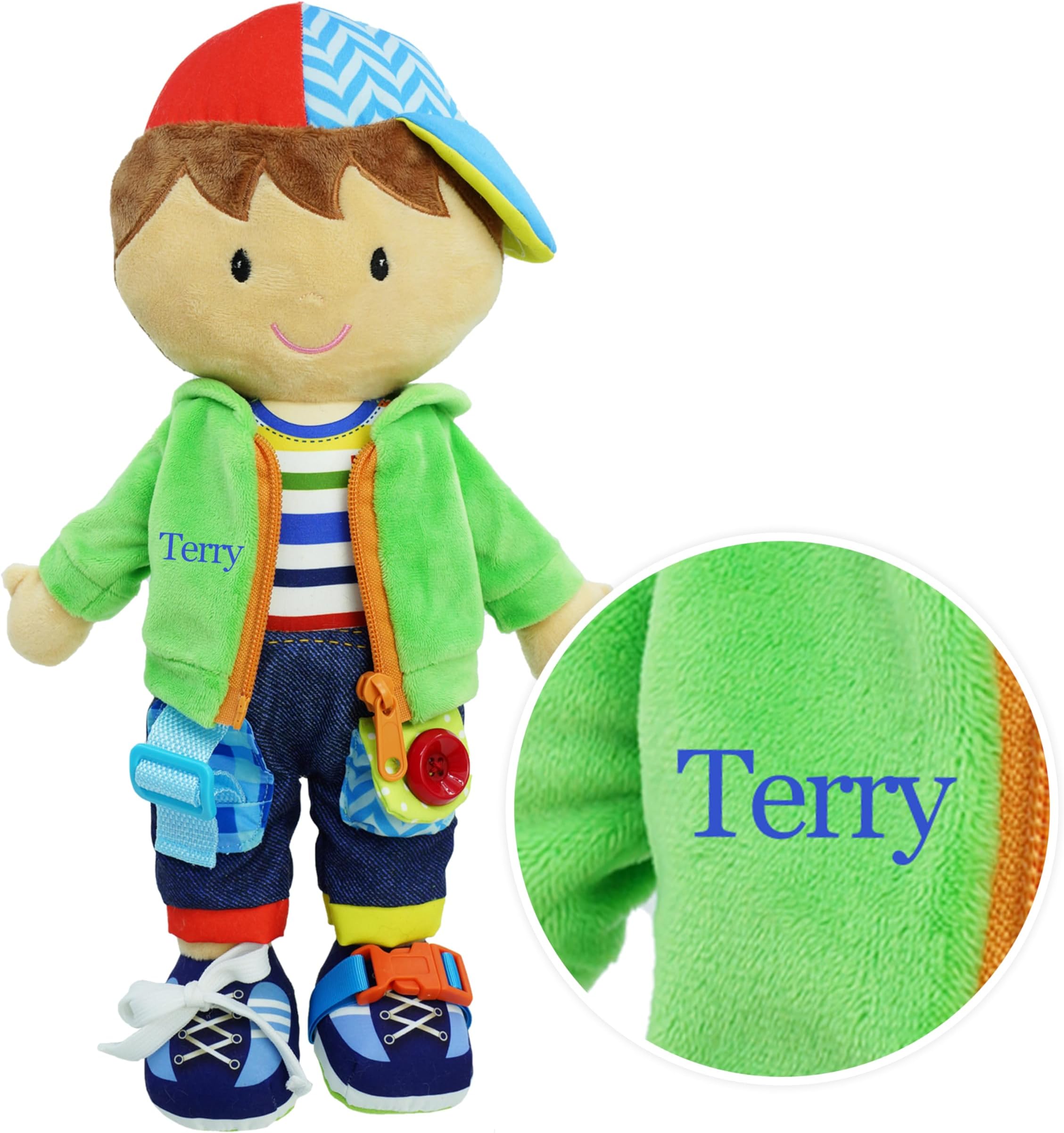 Personalized Terry Doll - Custom Name Plush Doll for Toddlers - Educational Stuffed Plush Doll For Kids and Toddlers 2 years and Up - Montessori Buckle Soft Toy