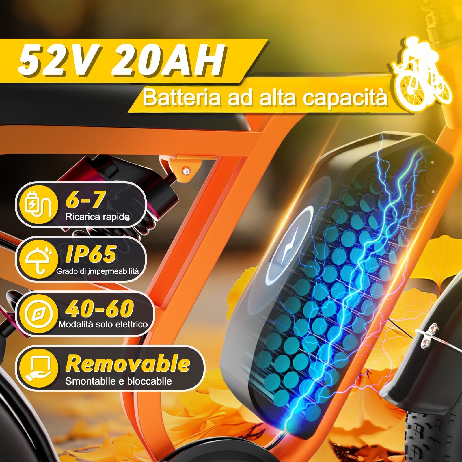 SU8 Vélo électrique pour adulte, batterie amovible 52 V 20 Ah, pneus larges 20 x 4,0, autonomie de 80 à 120 km, freins hydrauliques, système de suspension complet, dérailleur à 7 vitesses