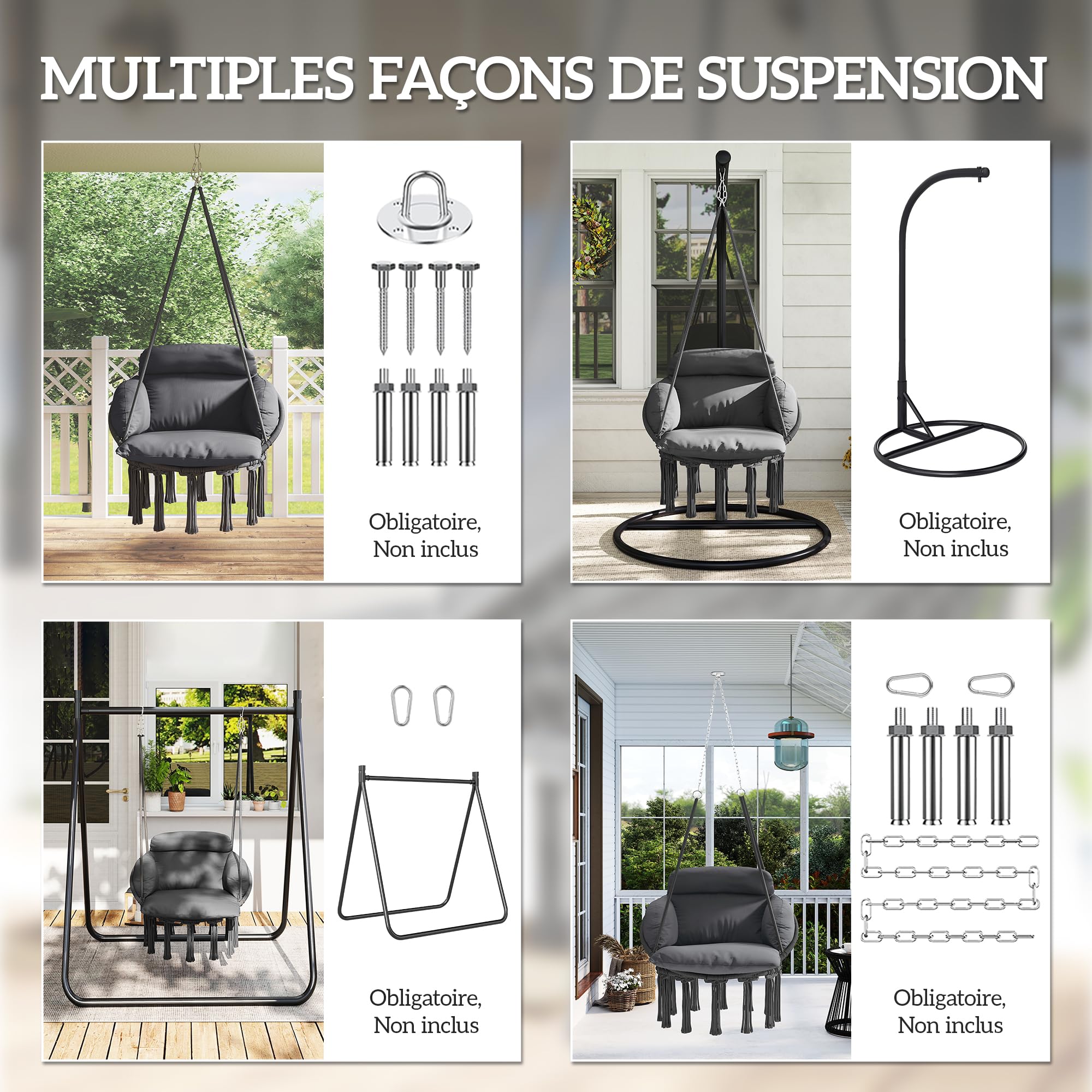 Outsunny Chaise Suspendue avec Grand Coussin rembourré, Fauteuil Suspendu à Franges, kit de Suspension Inclus, hamac Cadre en Acier, Tissage serré, Gris foncé