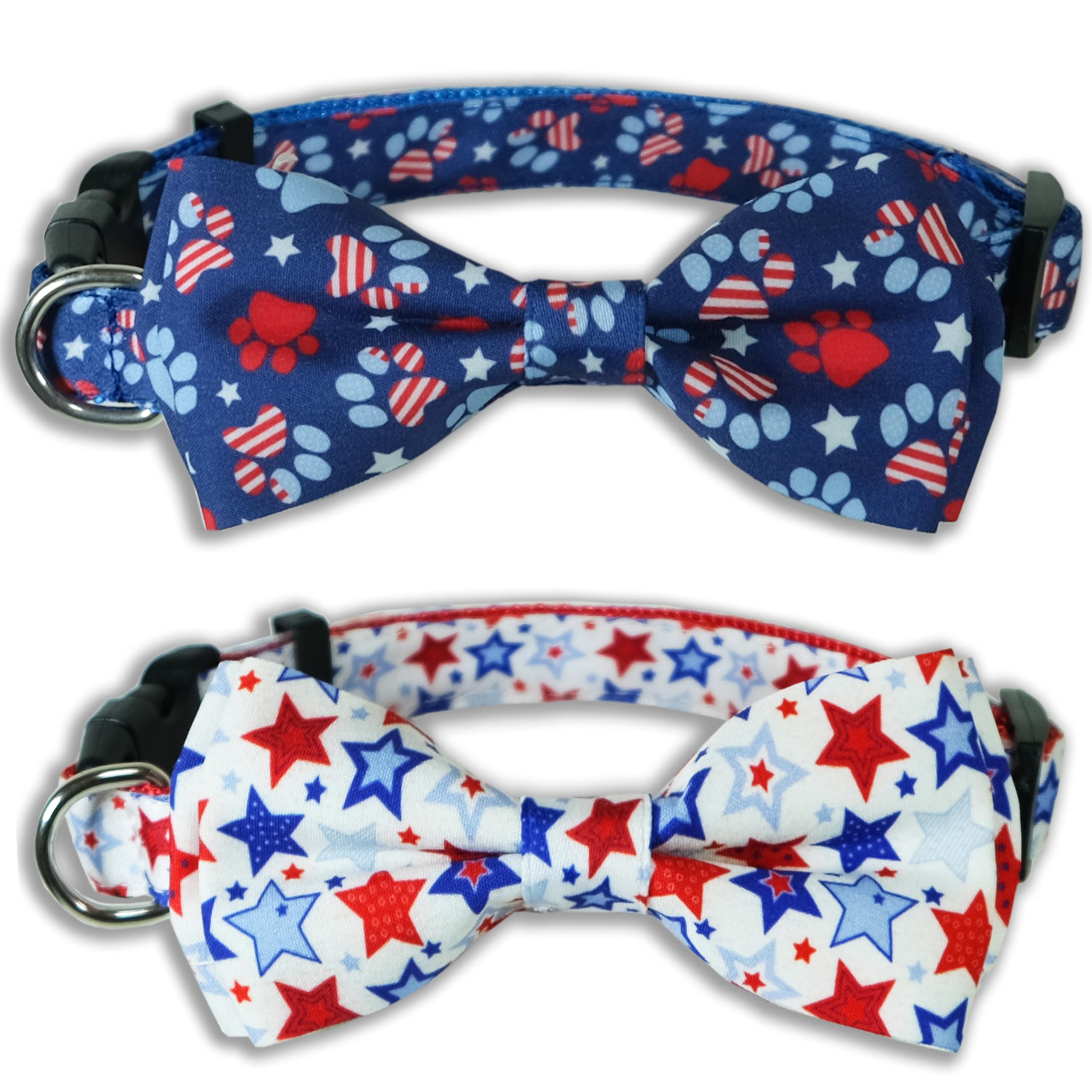 4th of July Dog Bow Tie Collar, 2 Pack Holiday Independence Day Patriotic Paws American Stars Collar for Large Medium Small Dogs (Large-(16-27") Neck