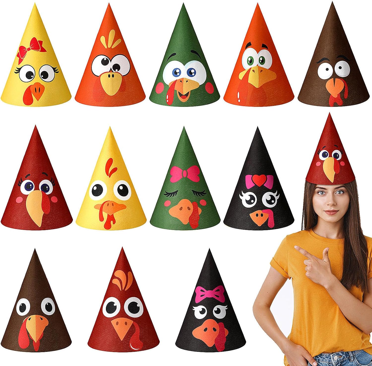 12 Pcs Thanksgiving Cone Felt Hats Turkey Felt Hat for Adults Teens Men Women Thanksgiving Halloween Party Favor Supplies Dress Up Costume Cosplay