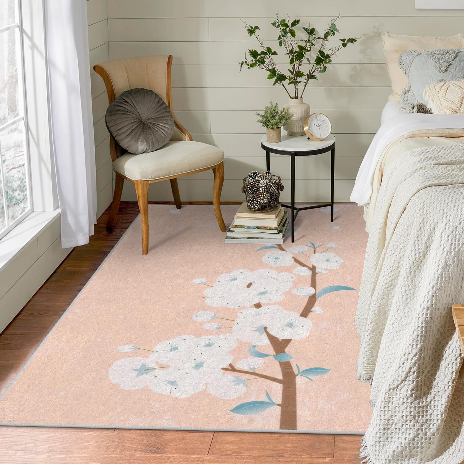 Tapis Fleur de Cerisier Lavable en Machine Tapis Salon 150x200 Poil Court, Tapis Beige Descente de Lit Chambre Doux Tapis Sol Absorbant, Moquette Decoration Chambre Fille Ado Adulte