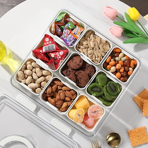 Miniatura 7 de Taiuloo Bandeja dividida para servir con tapa hermética y asa, contenedor de 9 compartimentos para aperitivos, platos portátiles para aperitivos,