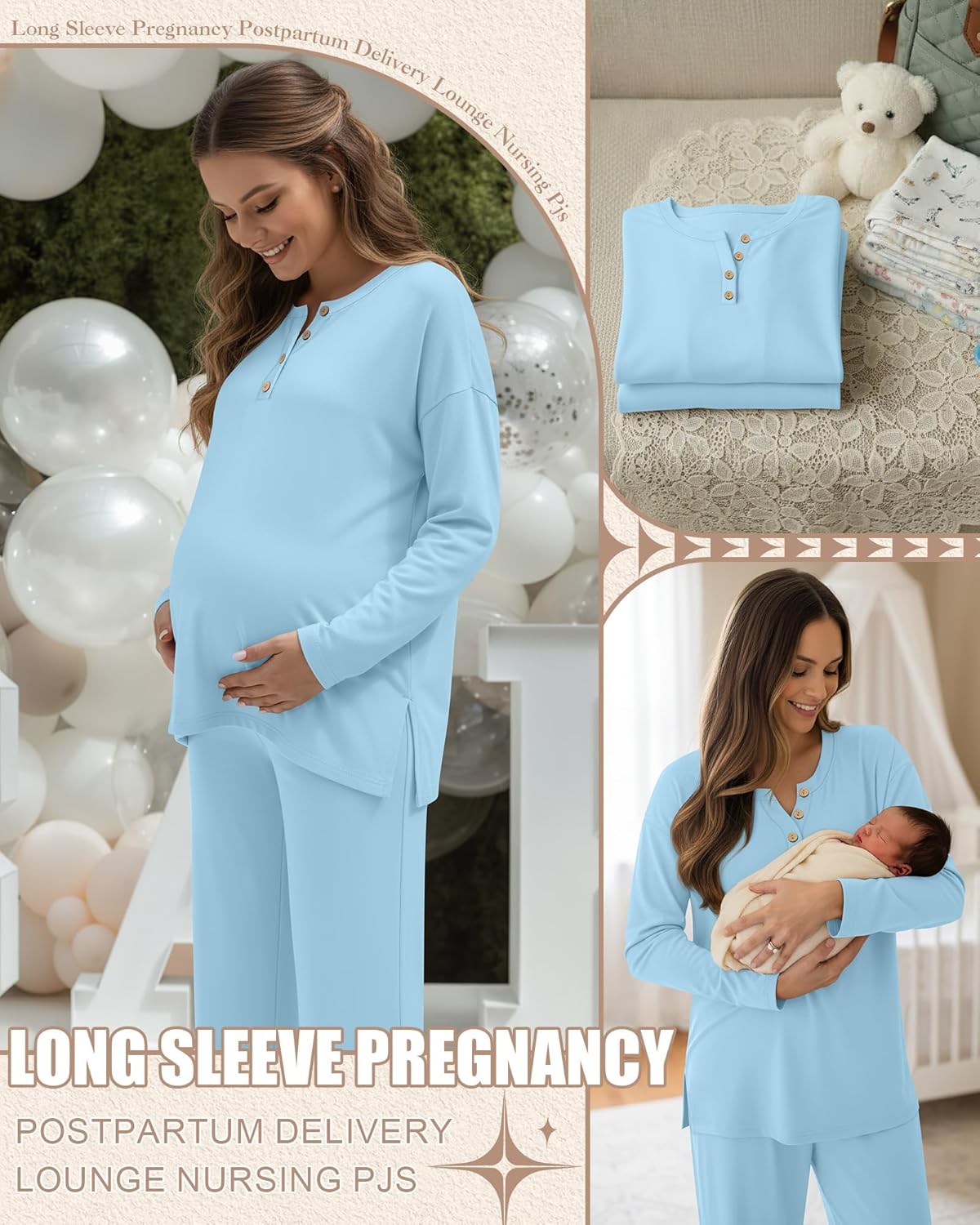 Women's Maternity Pajamas Sets, Long Sleeve Pregnancy Postpartum Delivery Lounge Nursing Pjs with Pockets Pjs - Image 2