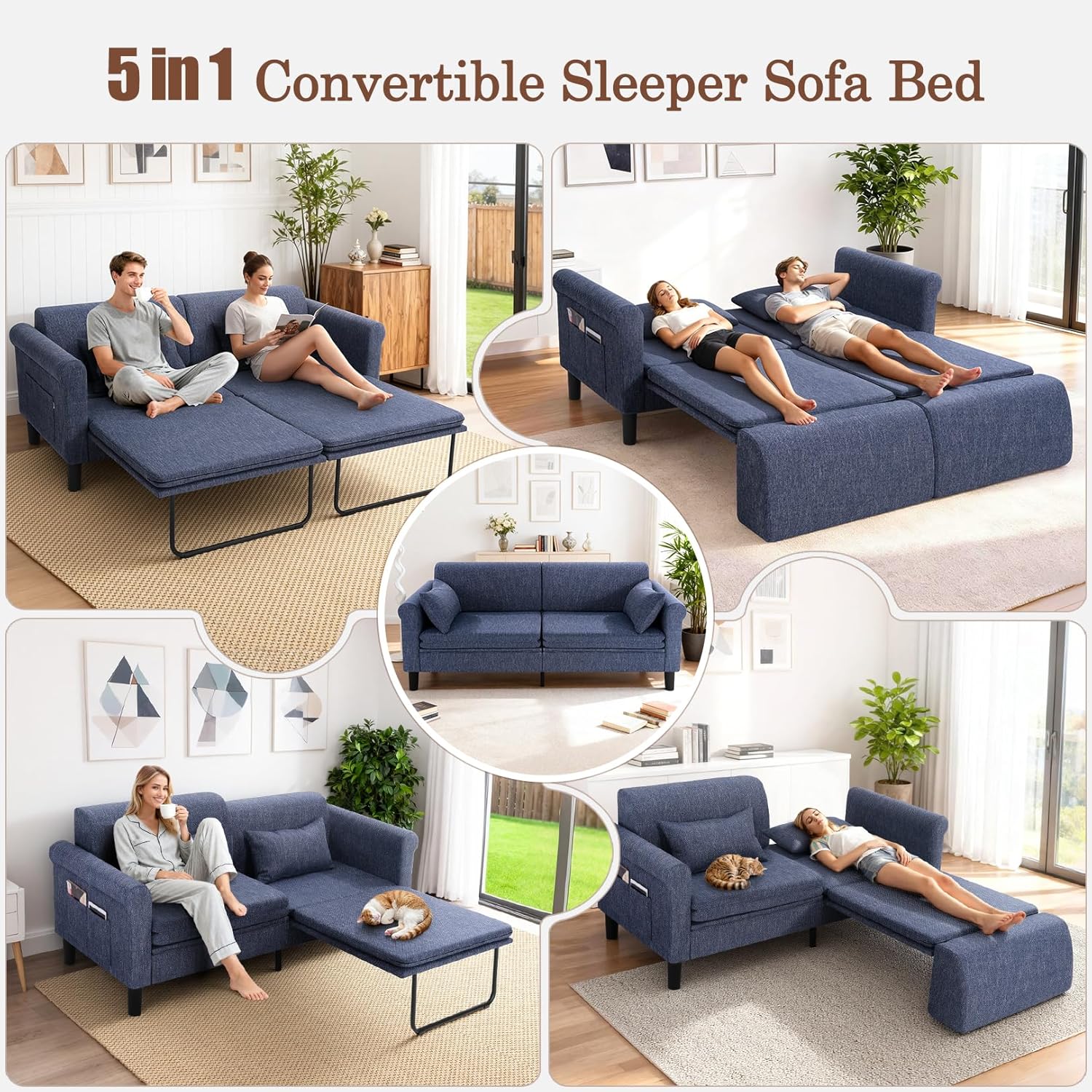 SEJOV 74" Convertible Sofa Bed, 5-in-1 Loveseat Sleeper Sofas with Pull Out Couch Bed, Storage Pockets & 2 Pillows, Modern Folding Linen Futon Couch for Living Room, Bedroom, Small Space, Blue