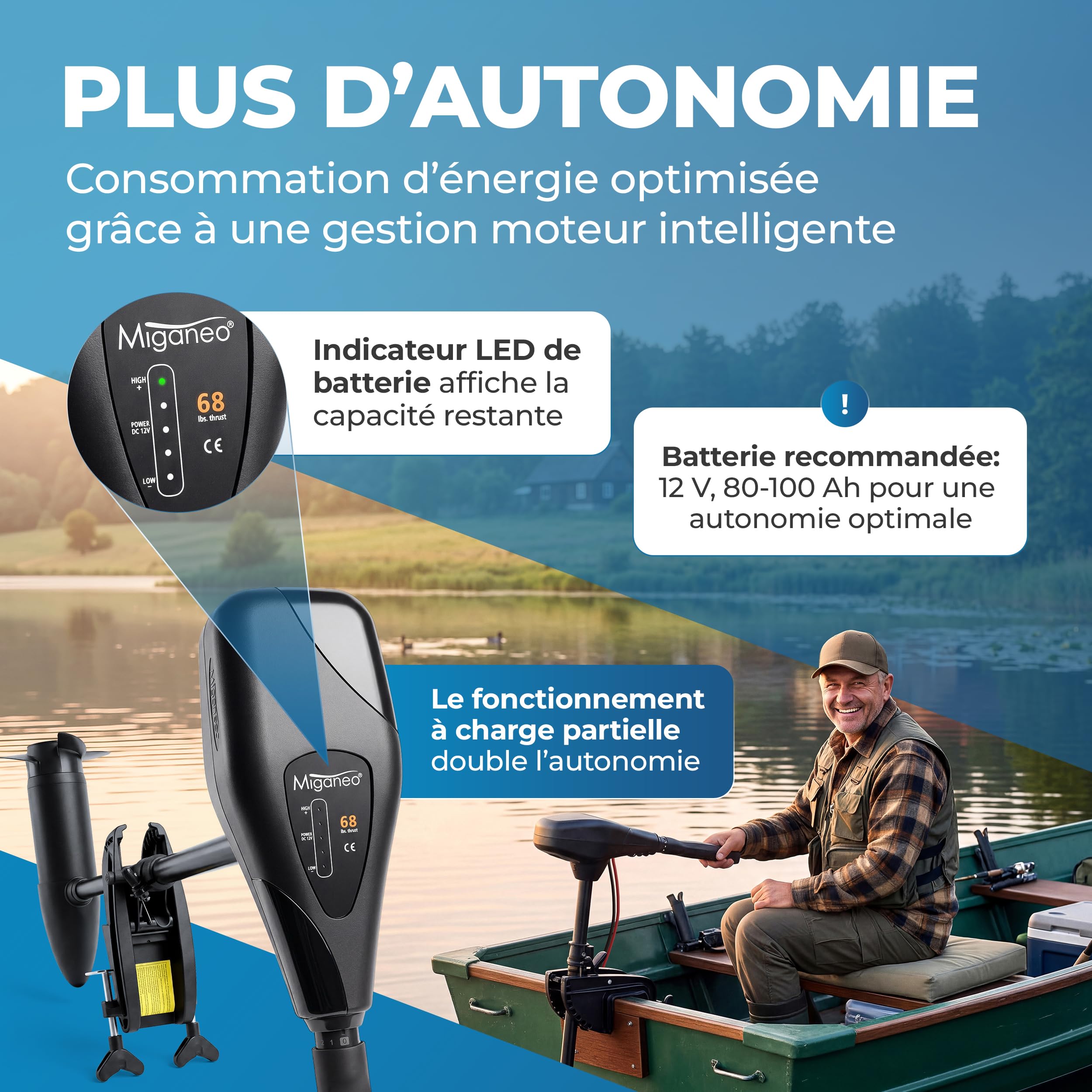 Miganeo Moteur Électrique Bateau TRS 68 lbs – Moteur Hors-Bord 768W 12V – Adapté Eau Salée avec Indicateur LED – pour Bateaux Pneumatiques – 5 Vitesses Avant & 3 Arrière