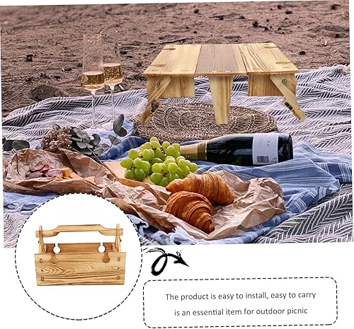 Miniatura 3 de Hemoton Mesa de picnic plegable de madera, mesa de picnic portátil para exteriores, cesta de picnic 2 en 1, soporte de almacenamiento plegable, mesa