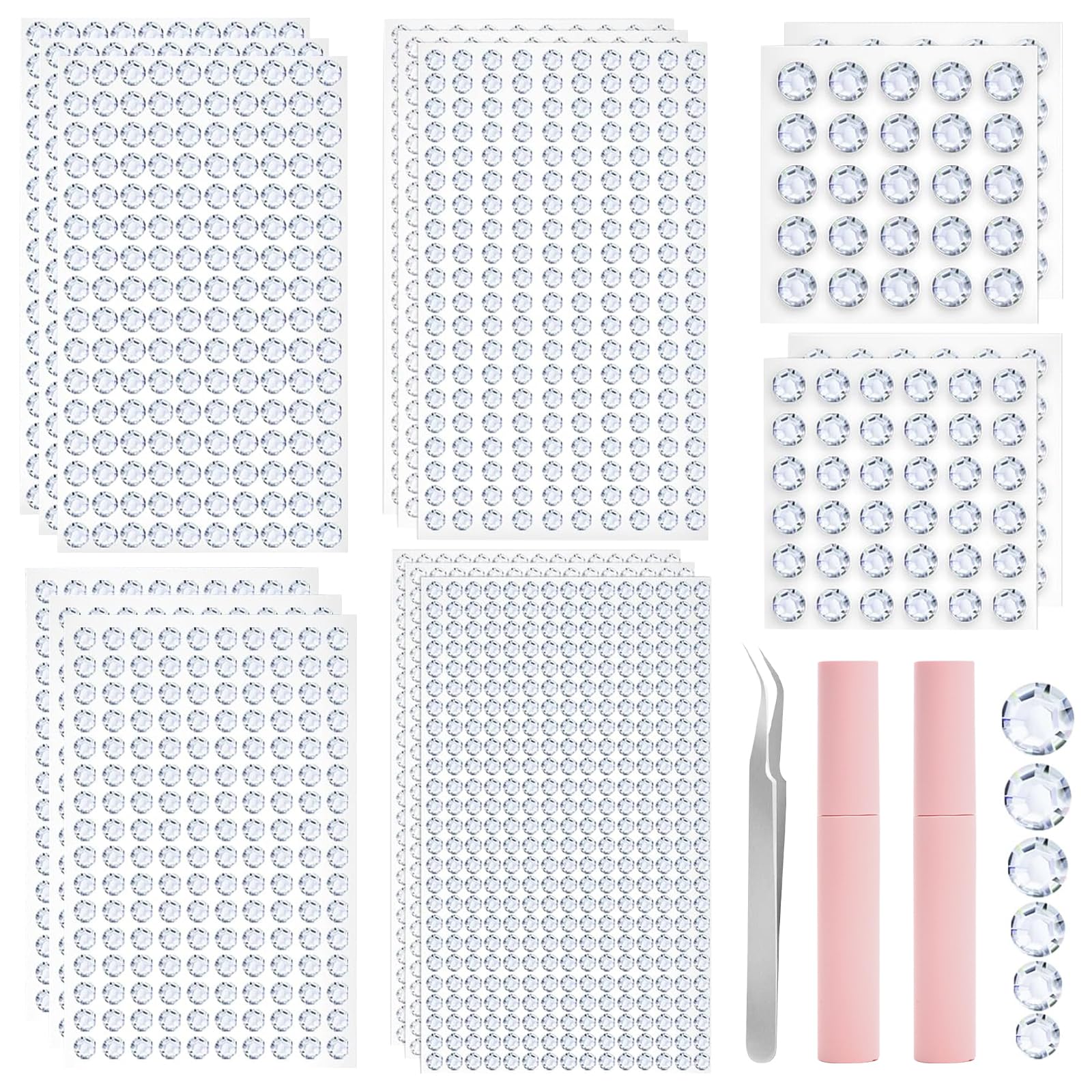 Photo 1 of 3032 Pcs Self Adhesive Hair Gems Stick on, Face Eye Gems Rhinestones Stickers Bling Jewels with Glue Tweezer for Makeup, Crafts, 3/4/5/6/8/10mm