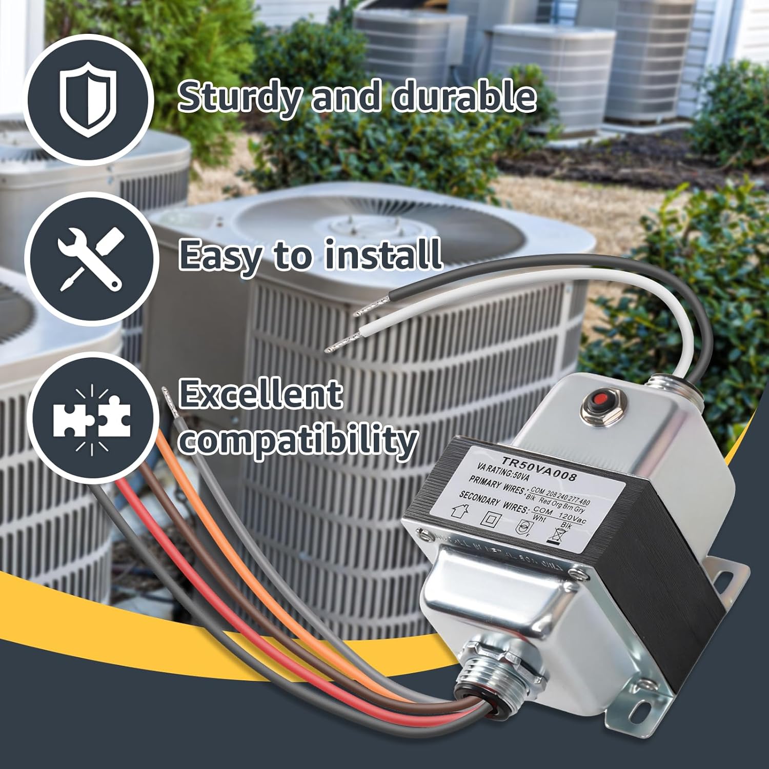 TR50VA008 Transformer 480/277/240/208V to 120V 50VA Transformer with Circuit Breaker Foot and Dual Threaded Hub Mount for Industrial, Heating, Air Conditioning Control Applications Replace TR50VA008