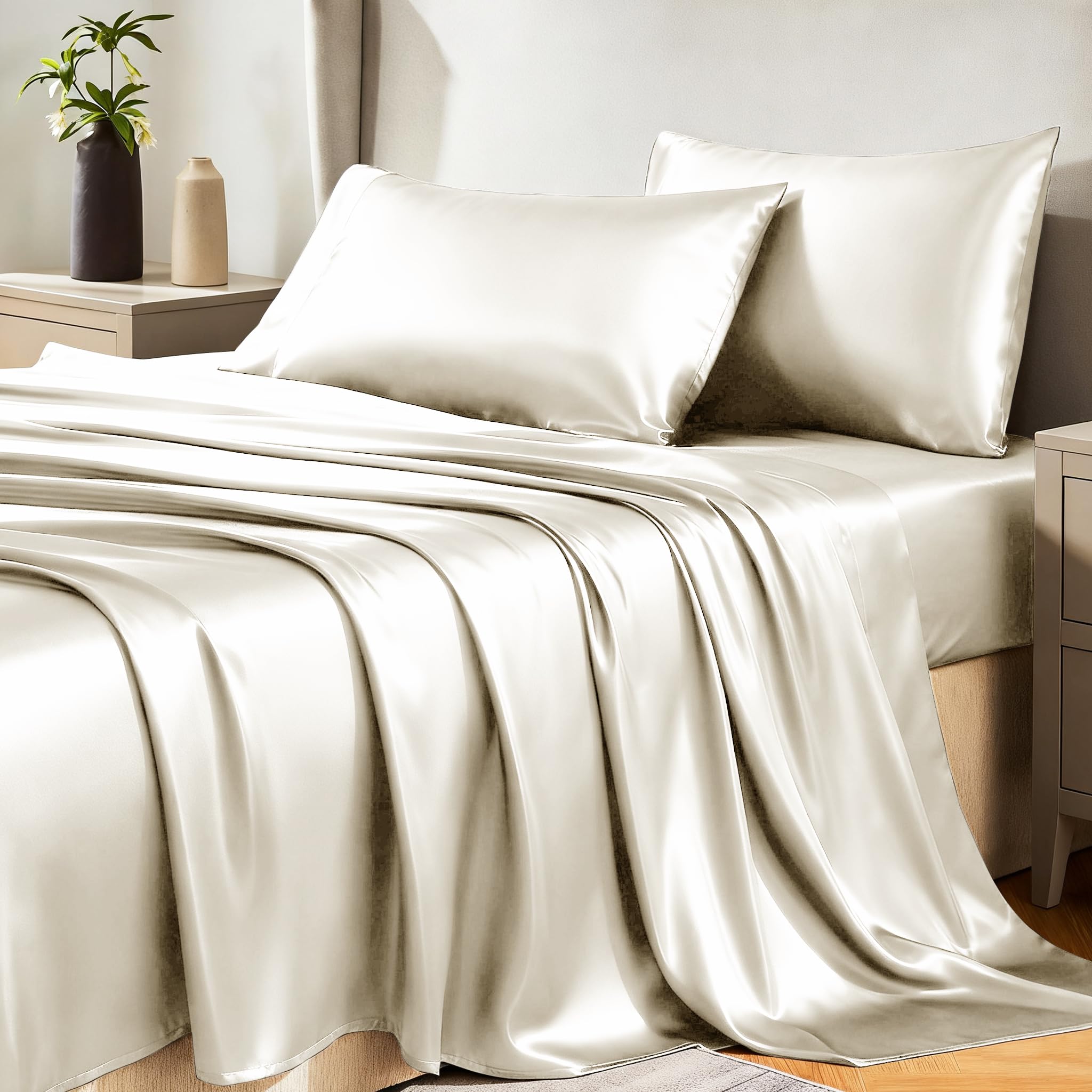 View 1 of ** missing pillow case and fitted sheet ** CozyLux Satin Sheets King, 4-Piece 14-Inch Deep Pocket Sheet Set