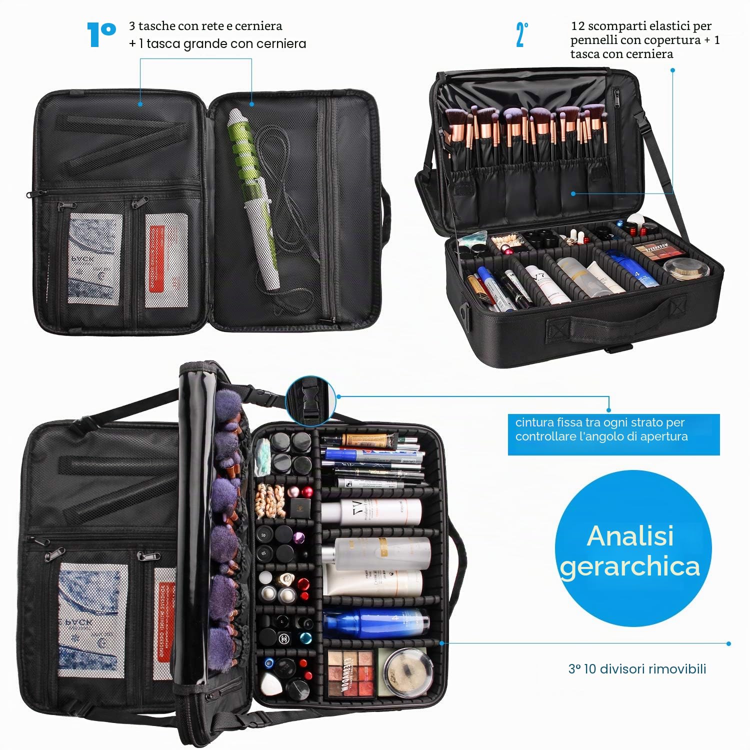 Relavel Borsa cosmetica grande borsa per il trucco da viaggio borsa per il trucco professionale borsa organizer per unghie portatile scatola organizer per trucchi artista (nero-L), nero-L,