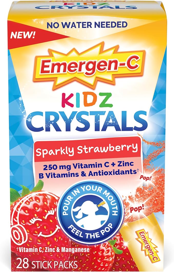 Emergen-C Kidz Crystals, On-the-Go Emergen-C Immune Support Supplement with Vitamin C, B Vitamins, Zinc and Manganese, Sparkly Strawberry - 28 Stick Packs
