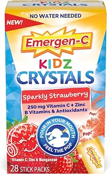 Emergen-C Kidz Crystals, On-the-Go Emergen-C Immune Support Supplement with Vitamin C, B Vitamins, Zinc and Manganese, Sparkly Strawberry - 28 Stick Packs