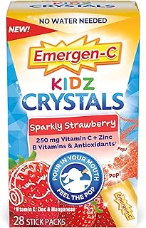 Kidz Crystals, On-The-Go Emergen-C Immune Support Supplement with Vitamin C, B Vitamins, Zinc and Manganese, Sparkly Strawberry - 28 Stick Packs