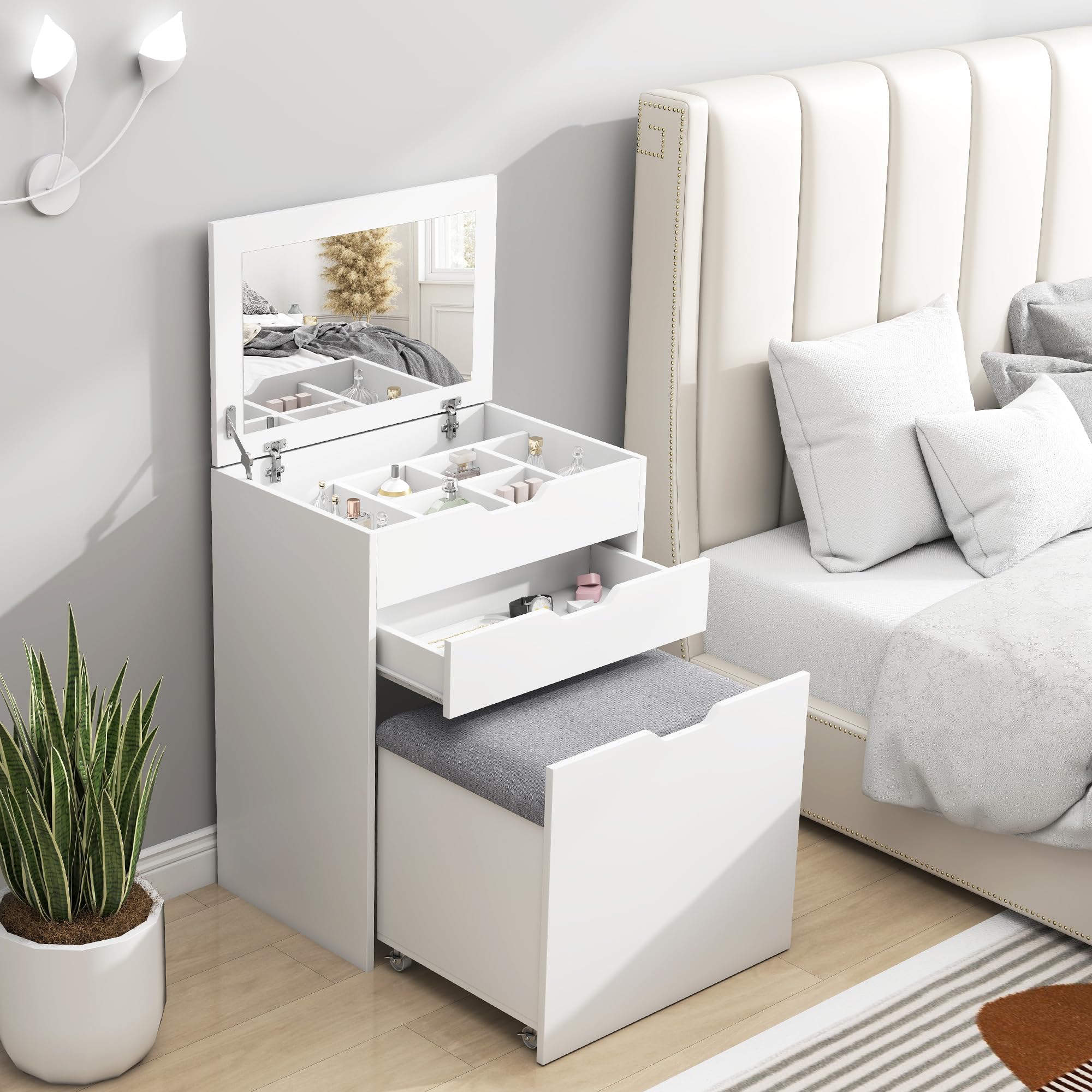 HOMCOM Dressing Table with Mirror and Stool - White - Vanity Table with Storage - 60W x 40D x 114H cm