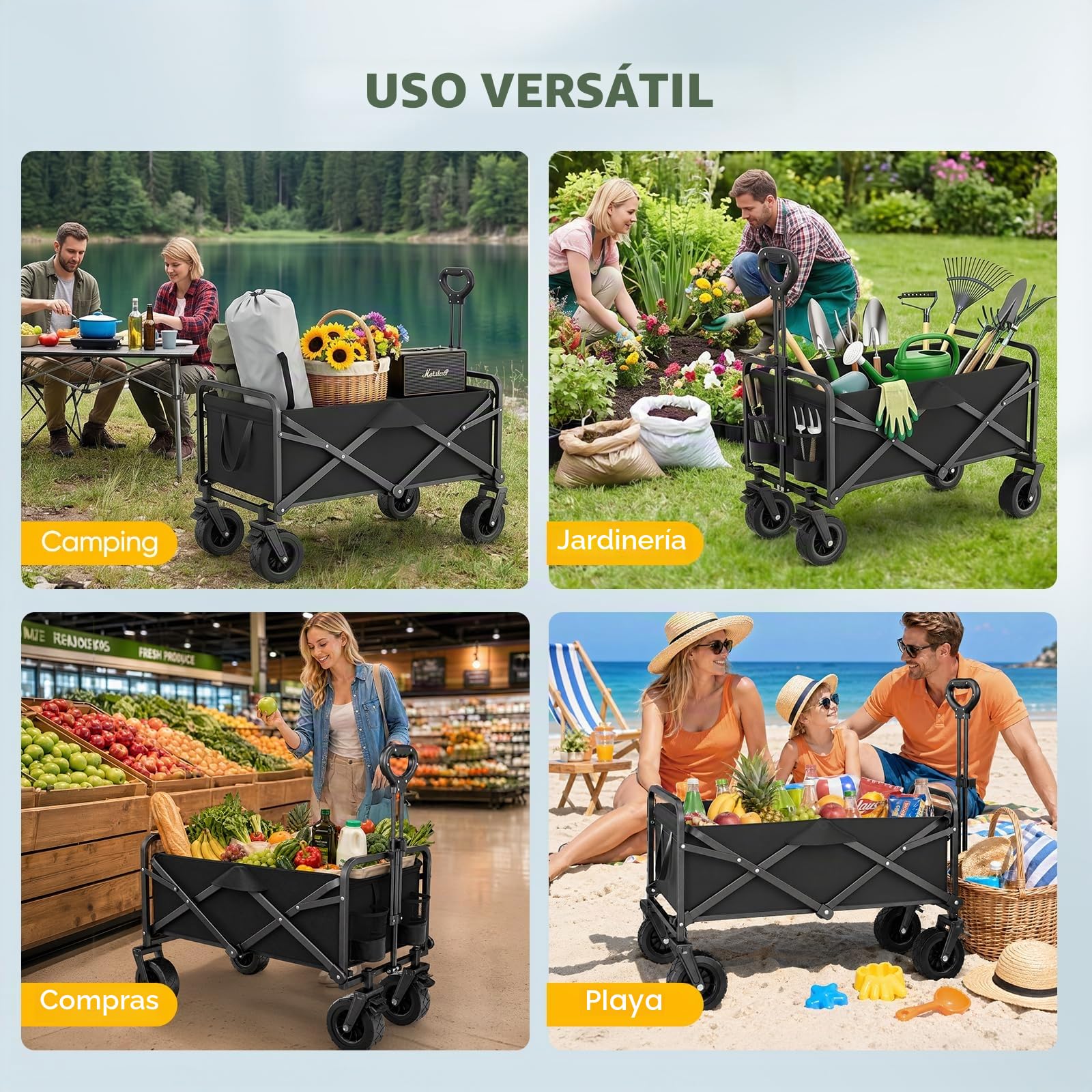 Carro plegable de 100 l, tela Oxford 600D, carrito de jardín con ruedas con mango ajustable, para camping, al aire libre, pícnic, playa