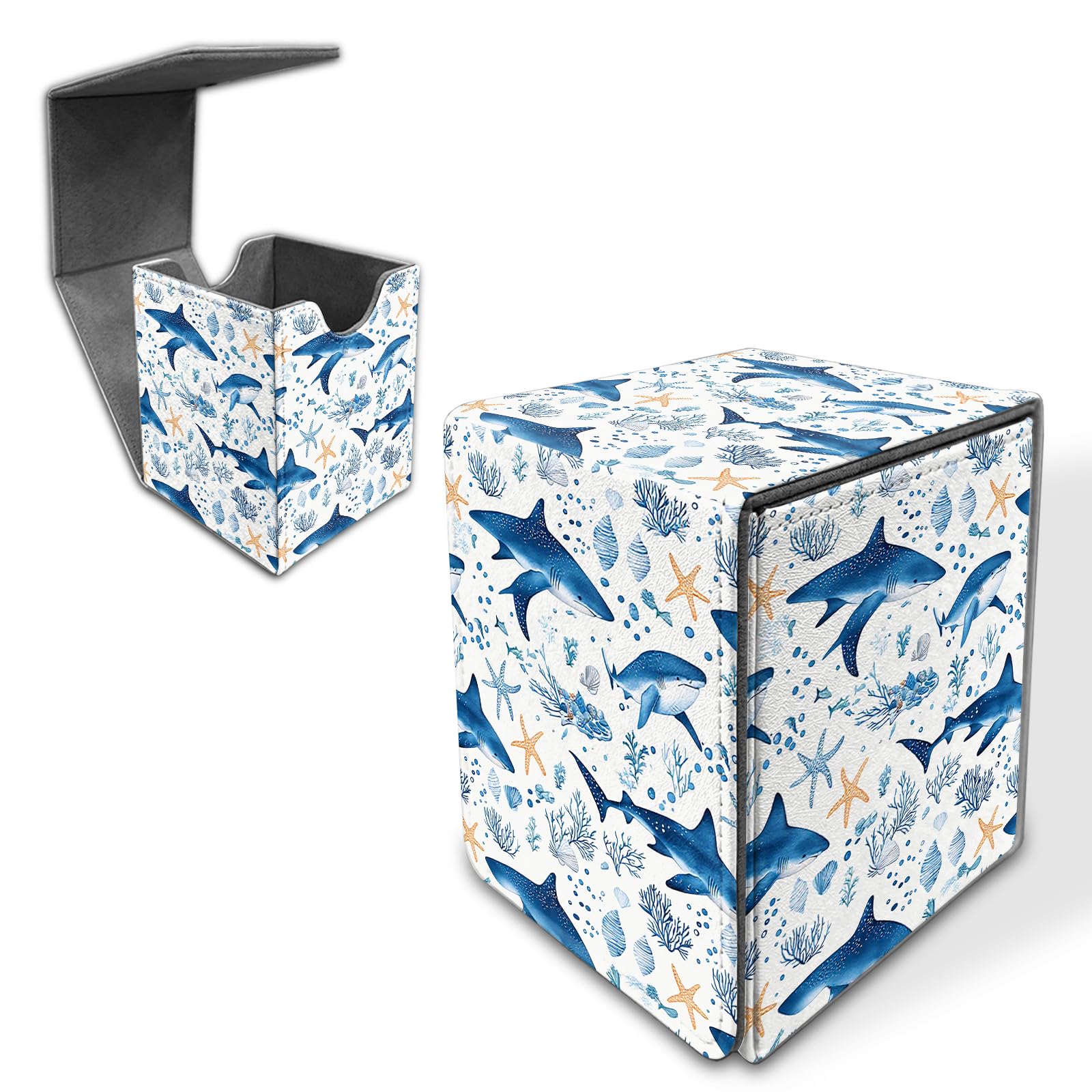 Deck Box for MTG/TCG/CCG, 100+ Sleeved Card Holder, PU Leather Trading Card Storage Box Case with Magnetic Closure, Quick Access for MTG Commander Game Cards, Ocean Sharks