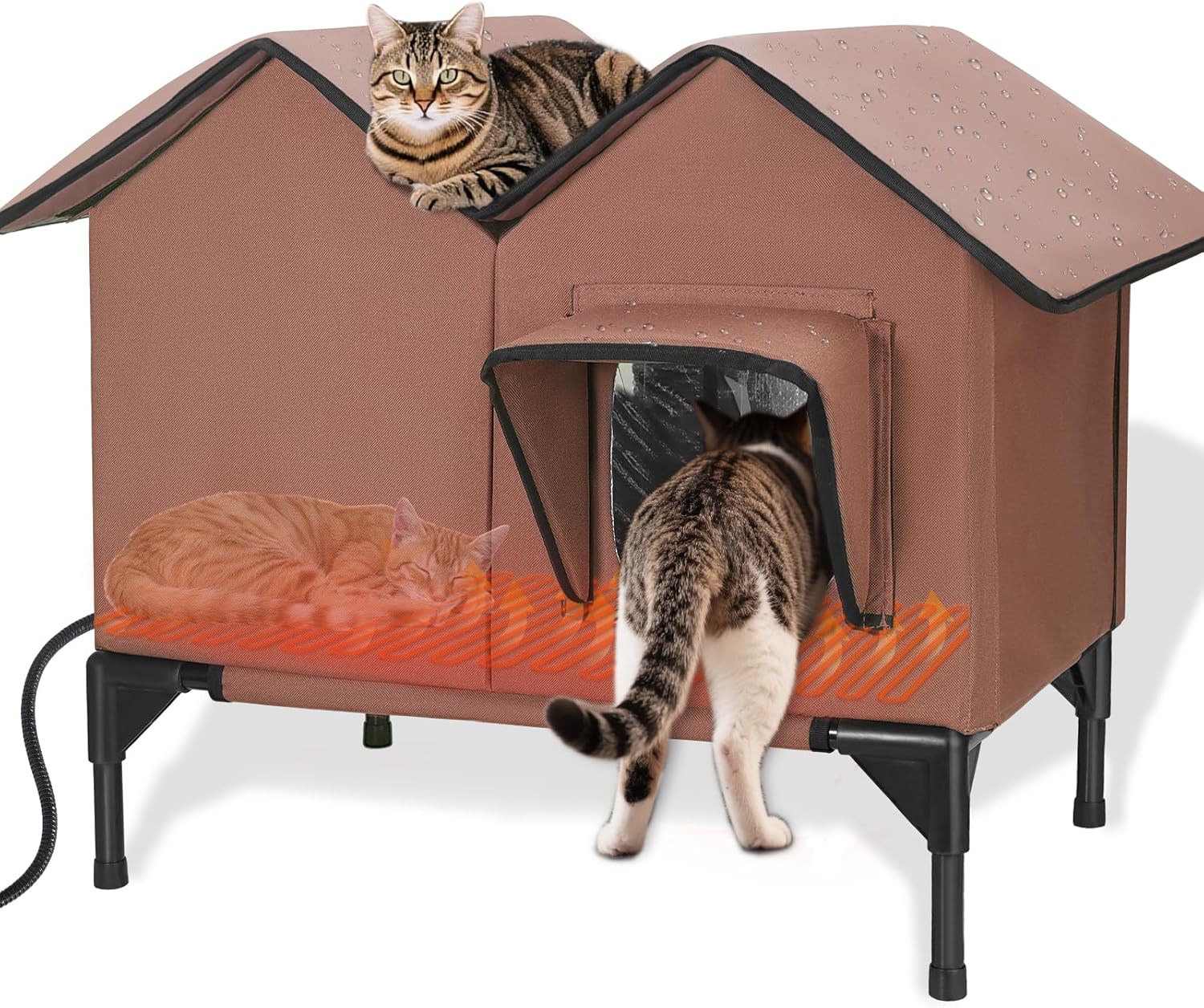 Large Heated Cat House for Outside in Winter, Elevated Waterproof Cat House for Outdoor Cats with Heating Pad, Insulated Heated Outdoor Cat House Weatherproof for Stray Cats Small Dogs (Brown)