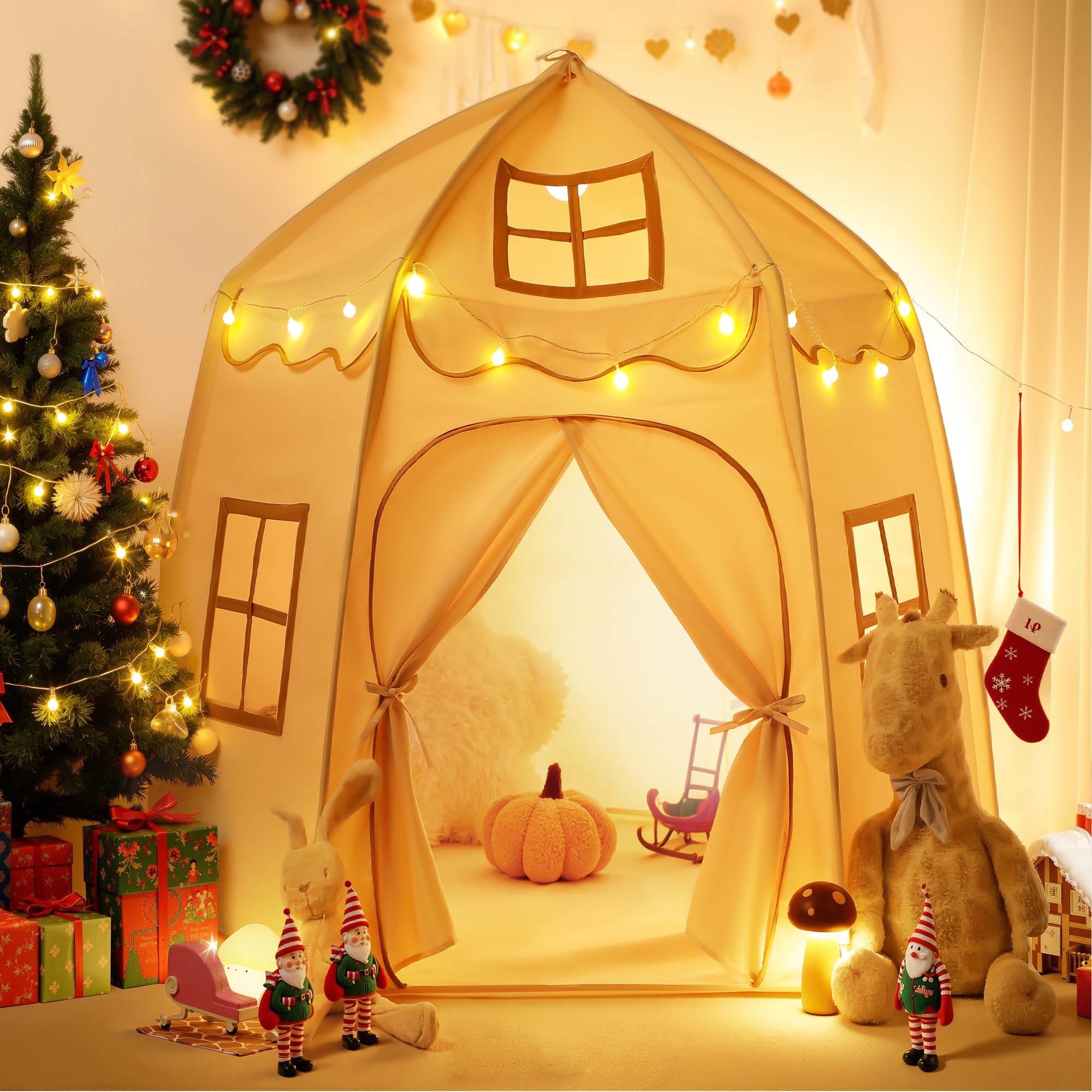 besrey Kinderzelt, Spielhaus im Schloss-Design für 3–4 Kinder, Indoor & Outdoor Spielzelt mit Lichtern, Kinderspielzelt Mädchen & Jungen Geschenk für Geburtstag & Weihnachten beige