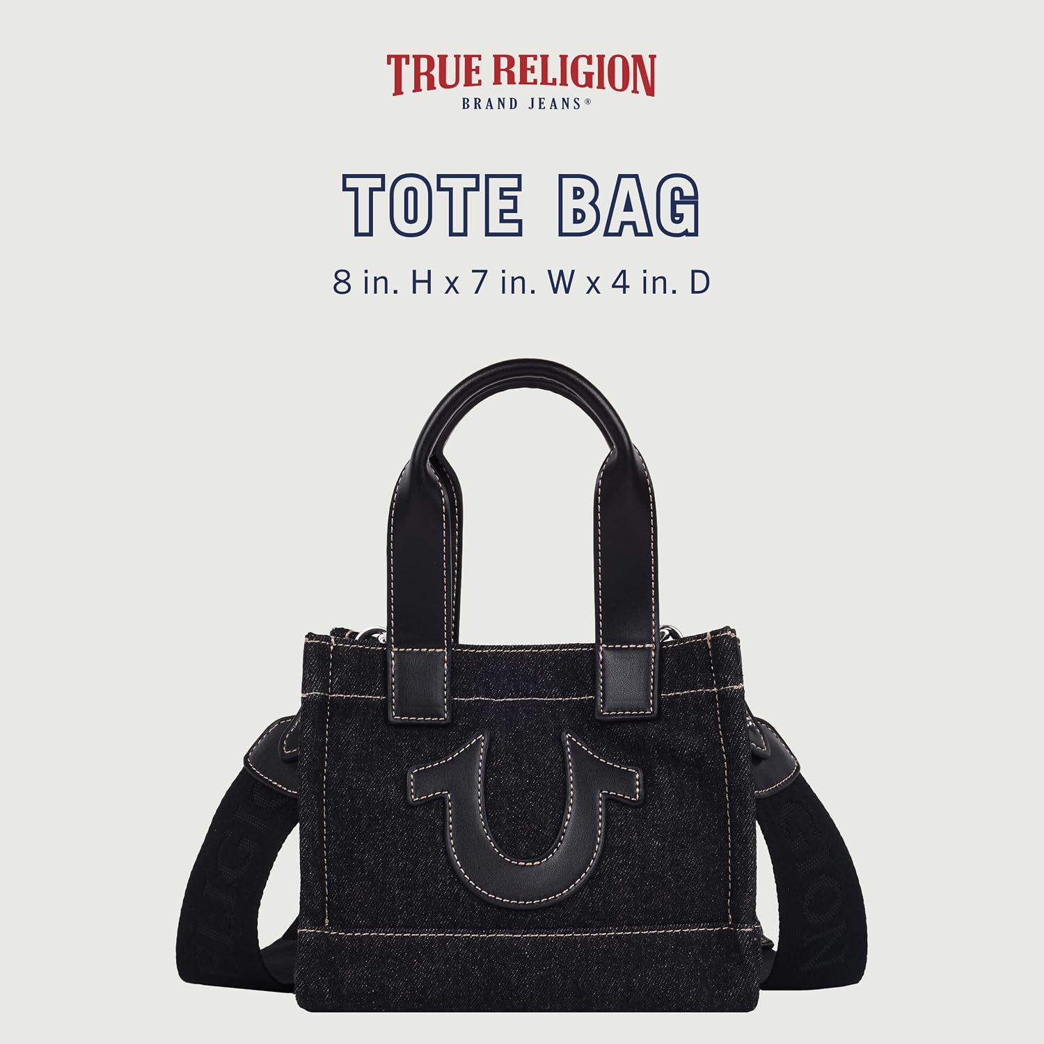 True Religion Tote Bag Purse, Mini Denim Travel Shoulder Bag with Adjustable Strap, Black