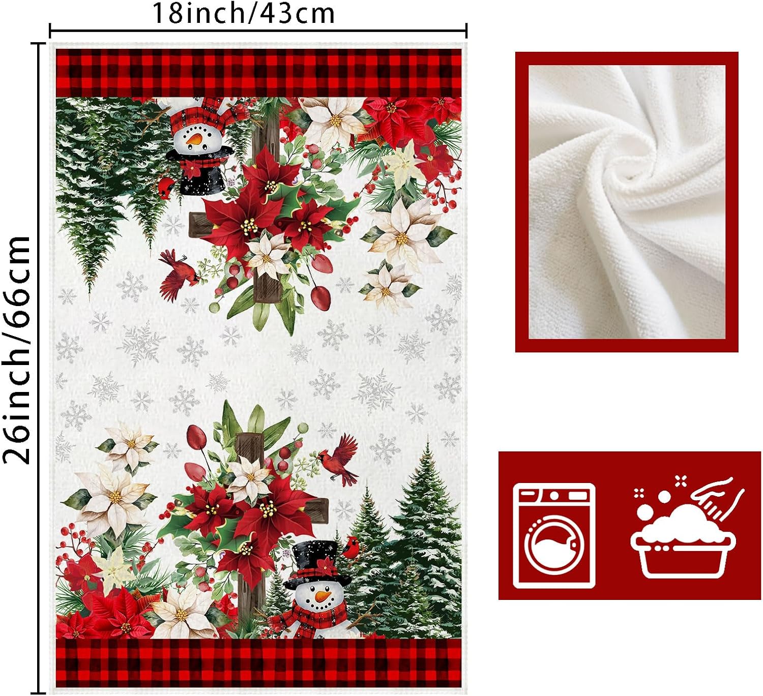 XCHI Red Plaid Winter Poinsettia Cross Snowman Christmas Kitchen Towels Dish Towels 18x26 Inch Xmas Home Kitchen Decorations Hand Towels Set of 2 Drying Dishcloth - Image 6