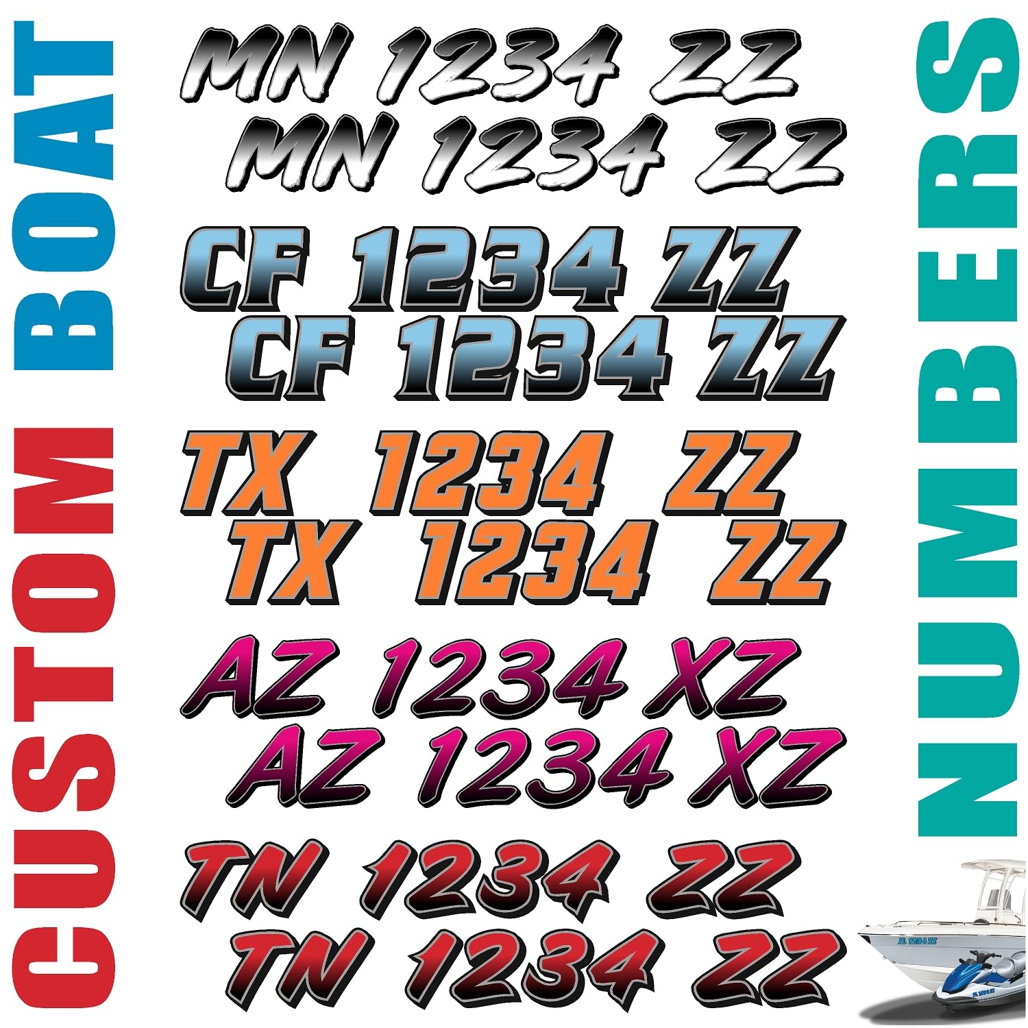 Boat Registration Numbers & Letters (Two Decals) Custom Vinyl State Hull Stickers Vinyl Marine Decal Graphics X2 GR (Gradient Colors)
