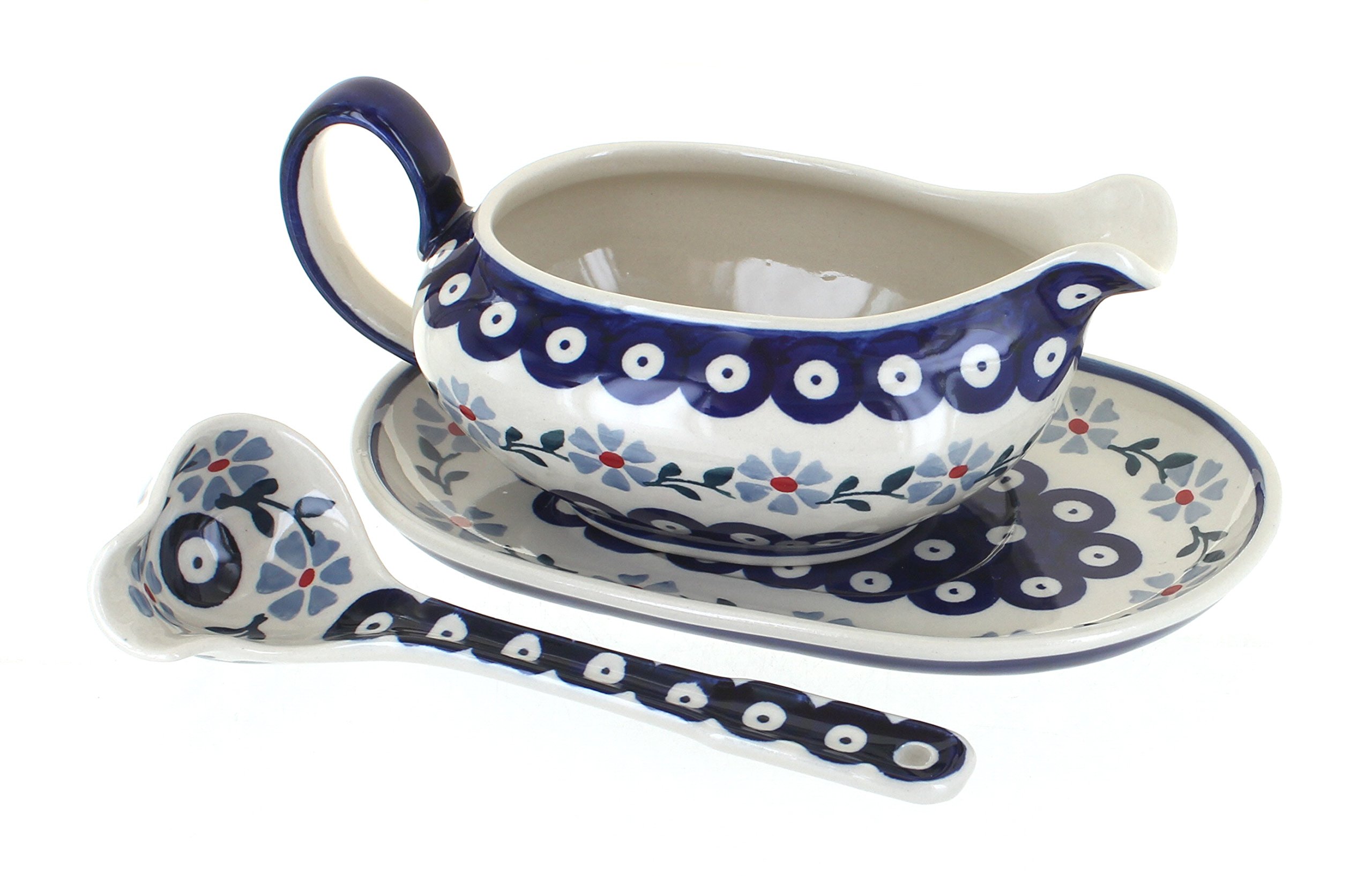 Blue Rose Polish Pottery Blue Violet Gravy Boat & Ladle