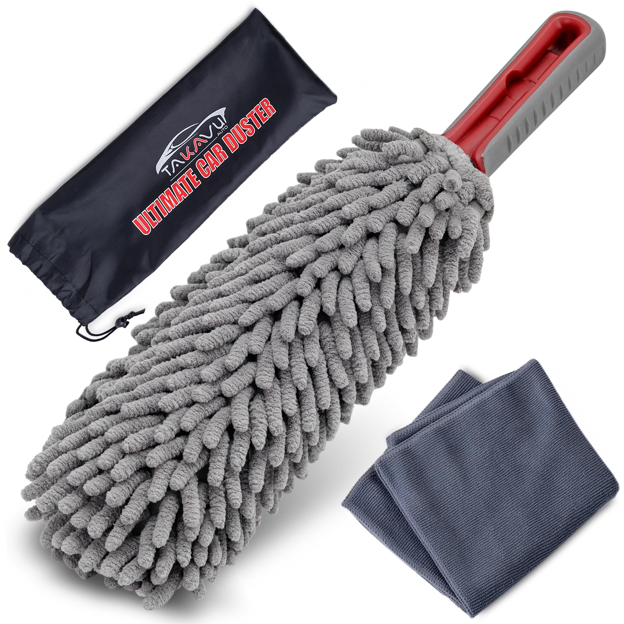 Car Duster Interior by TAKAVU, 360° Microfiber Fingers, Unbreakable Comfort Handle, Lint and Scratch Free, Include Microfiber Towel, for Car & Home Use, The Best Auto Accessories Gray