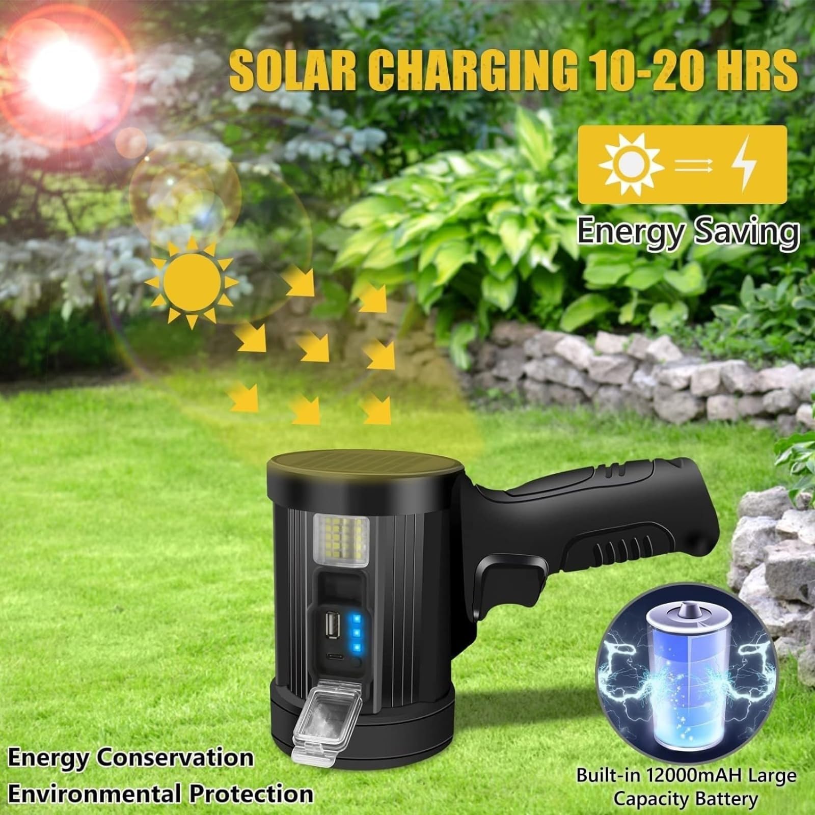 Faretto a LED ricaricabile a energia solare, super luminoso, 100000 lumen, torcia impermeabile con treppiede, 6 modalità e 3 filtri colorati, torcia portatile a lunga distanza per caccia, pesca