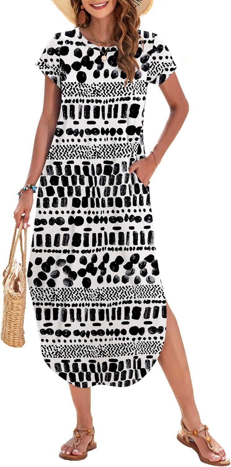 WNEEDU Womens Summer Dresses Casual Loose Short Sleeve Long T Shirt Dress Split Maxi Beach Sundress Travel Vacation Outfits